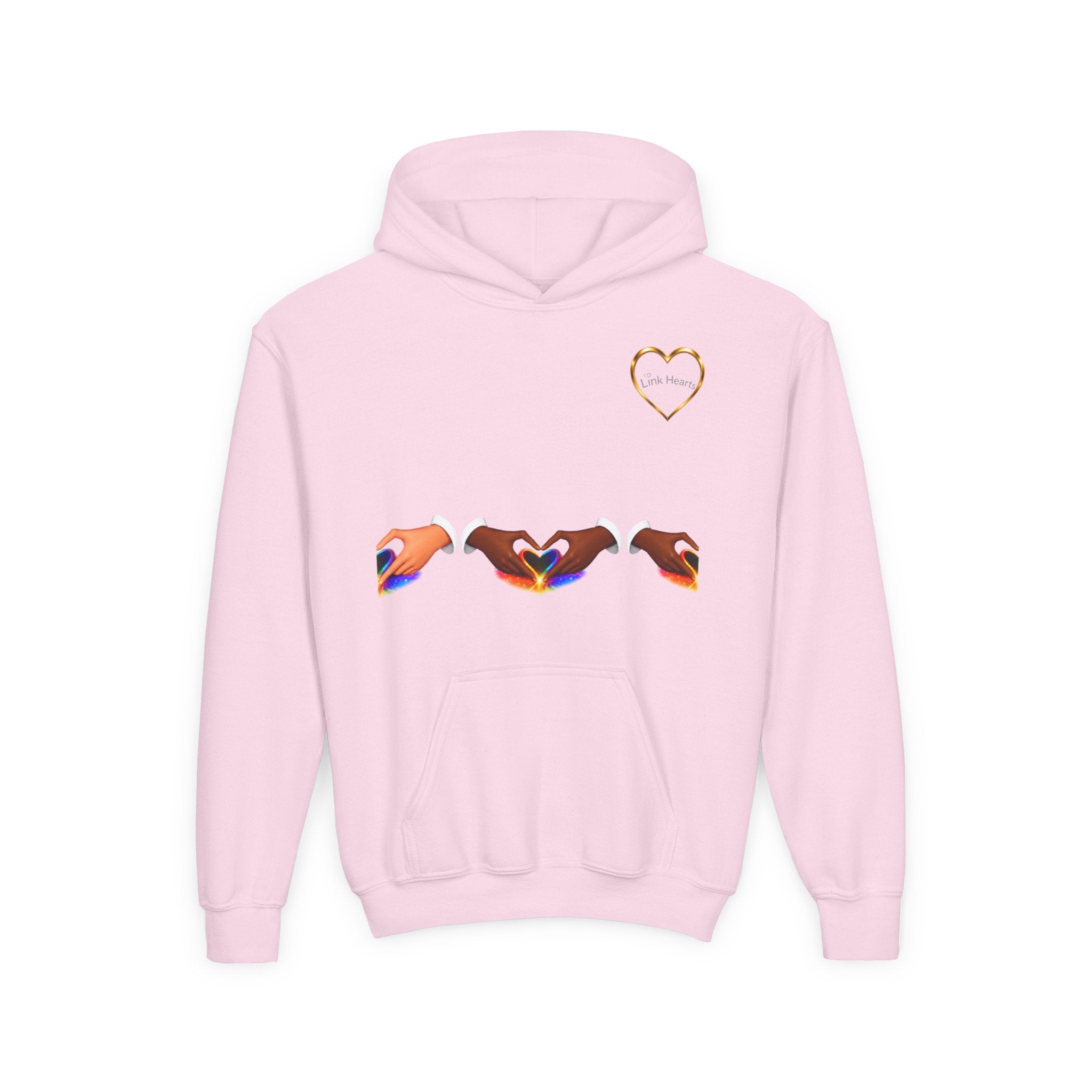Youth Hoodie — Rainbow Heart Hand Heart Design