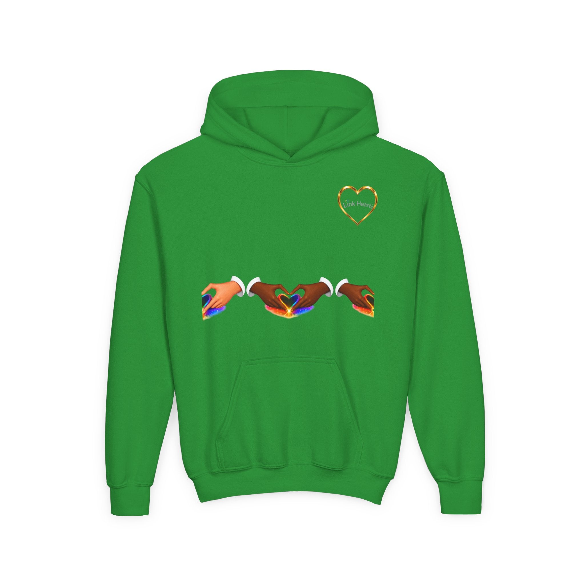 Youth Hoodie — Rainbow Heart Hand Heart Design