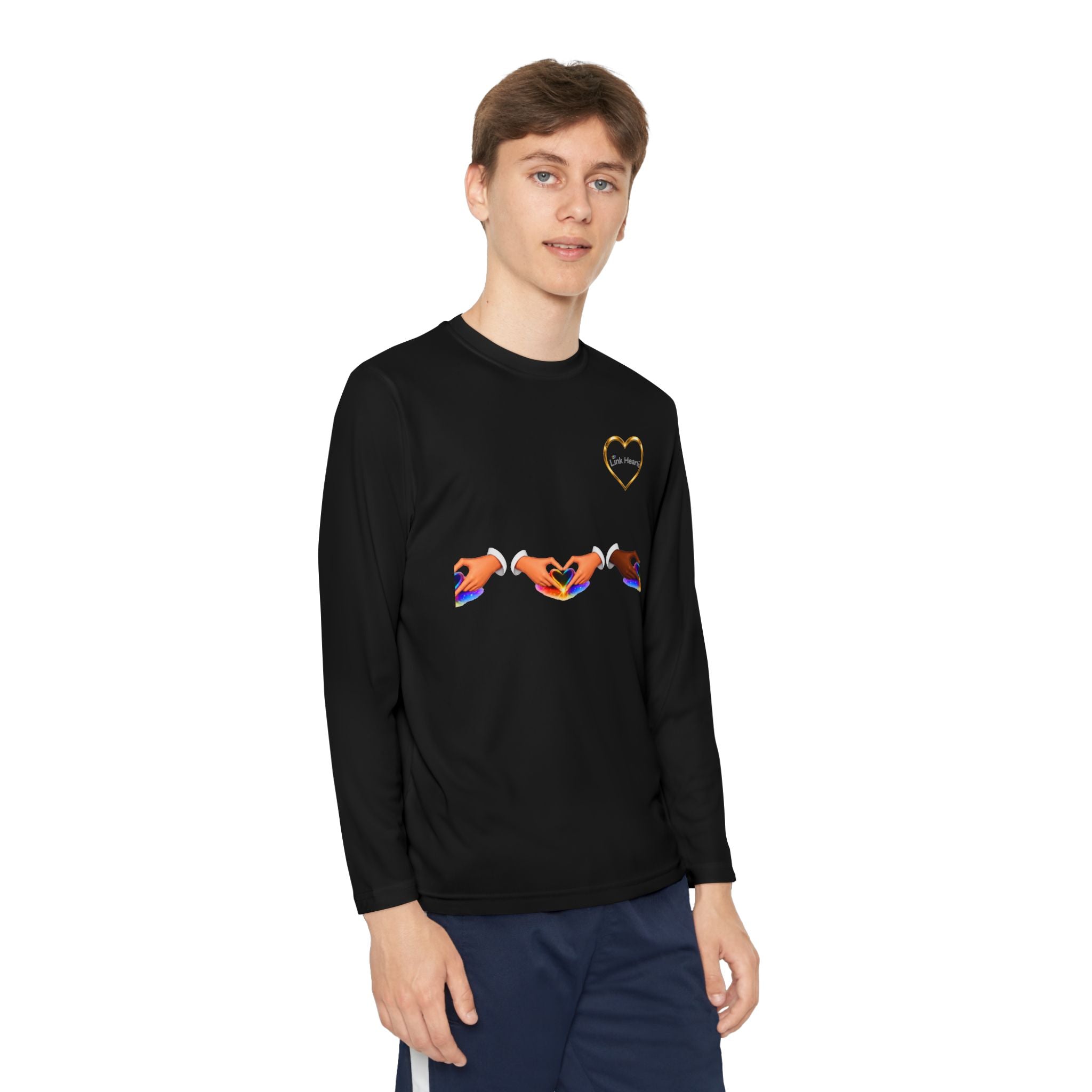 Link Hearts™ Youth Long Sleeve Tee – Rainbow Hand Heart Design (Love Unity)