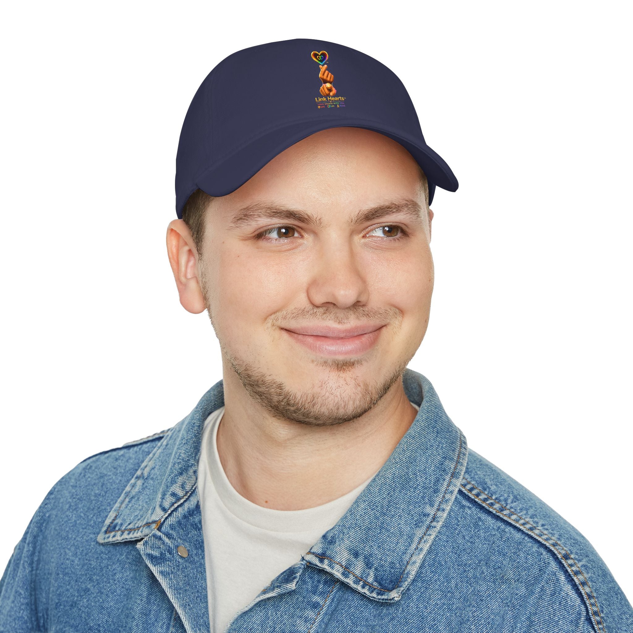 Link Hearts™ — 'Little Hearts' Rainbow Finger Heart Logo Low Profile Baseball Cap — 'Little Hearts' Rainbow Finger Heart Embroidered Cap