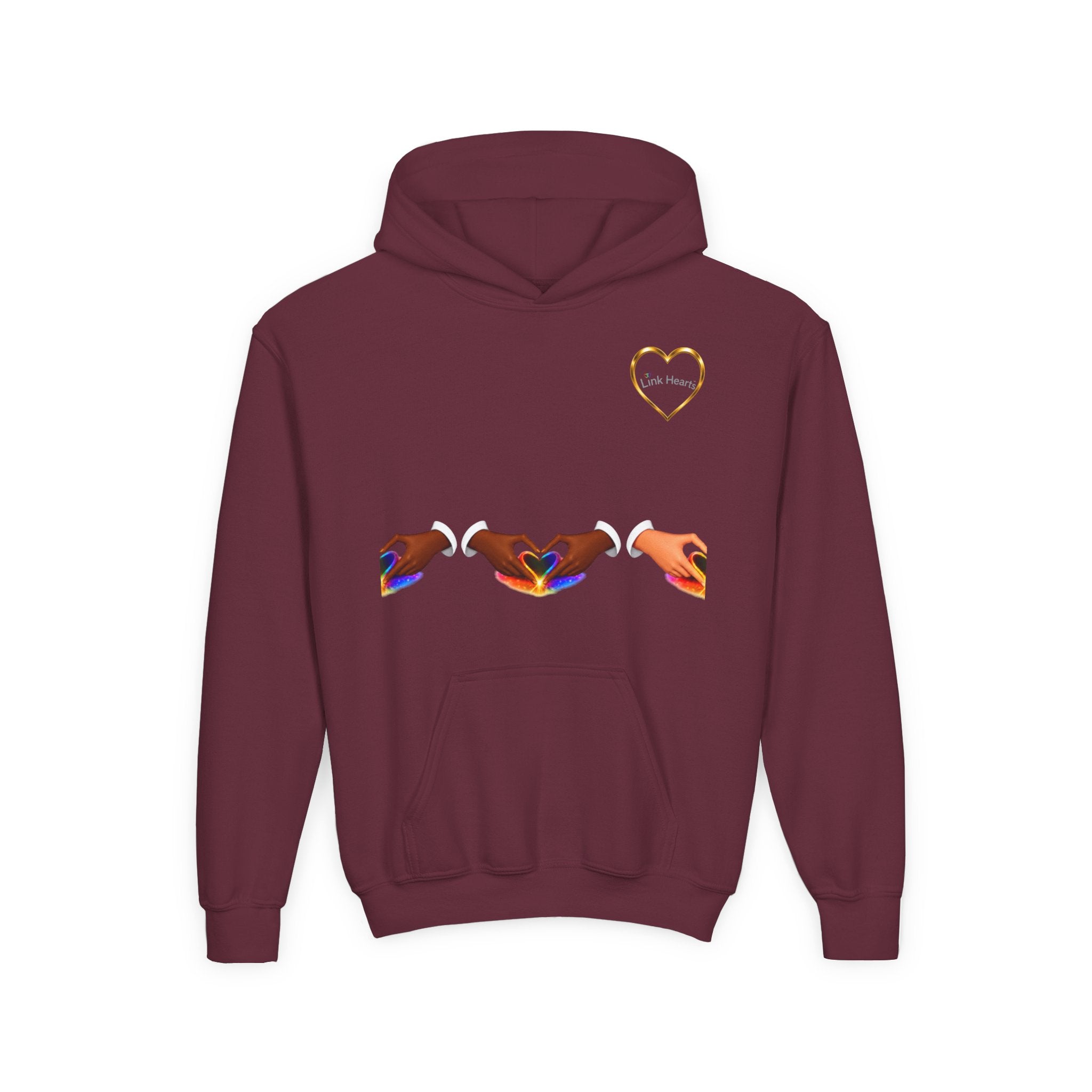 Youth Hoodie — Rainbow Heart Hands Design