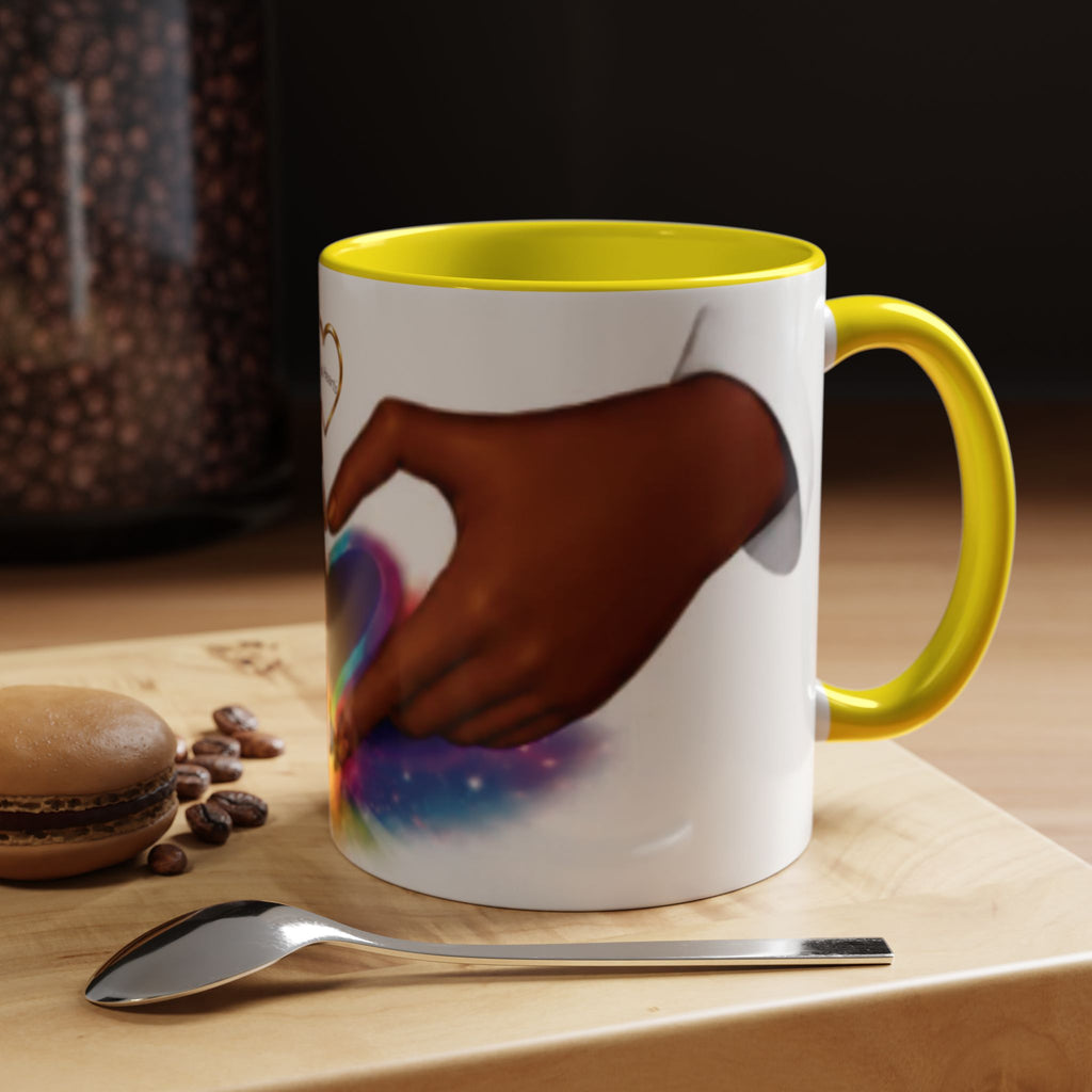 Link Hearts™ Unity Heart Mug. Rainbow Heart Hands Coffee Cup (Love & Unity)