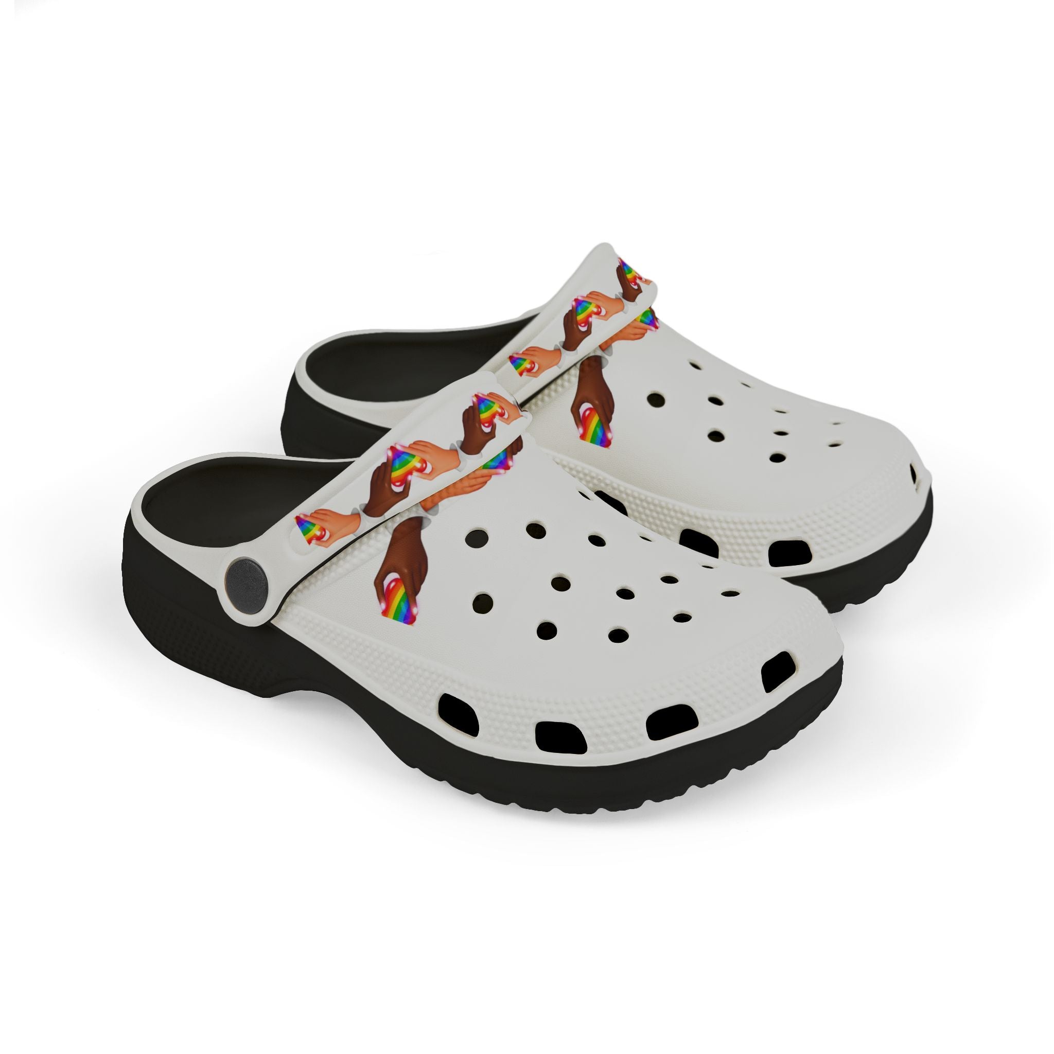 Link Hearts™ Rainbow Strap Clogs – Comfort Slip‑On Shoes with Heart Charm, Lightweight Unisex Foam Clogs, Inclusive Pride Footwear