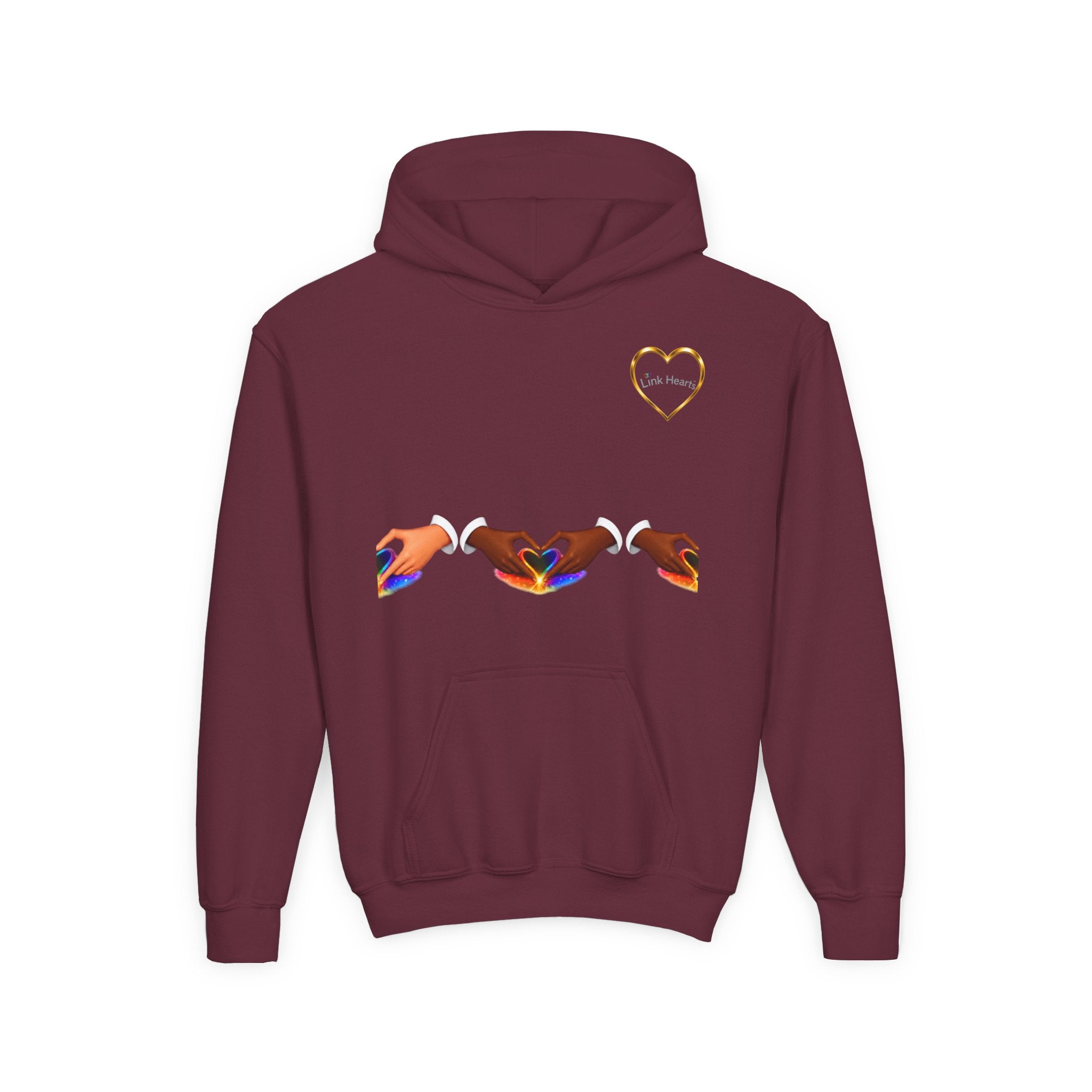 Youth Hoodie — Rainbow Heart Hand Heart Design