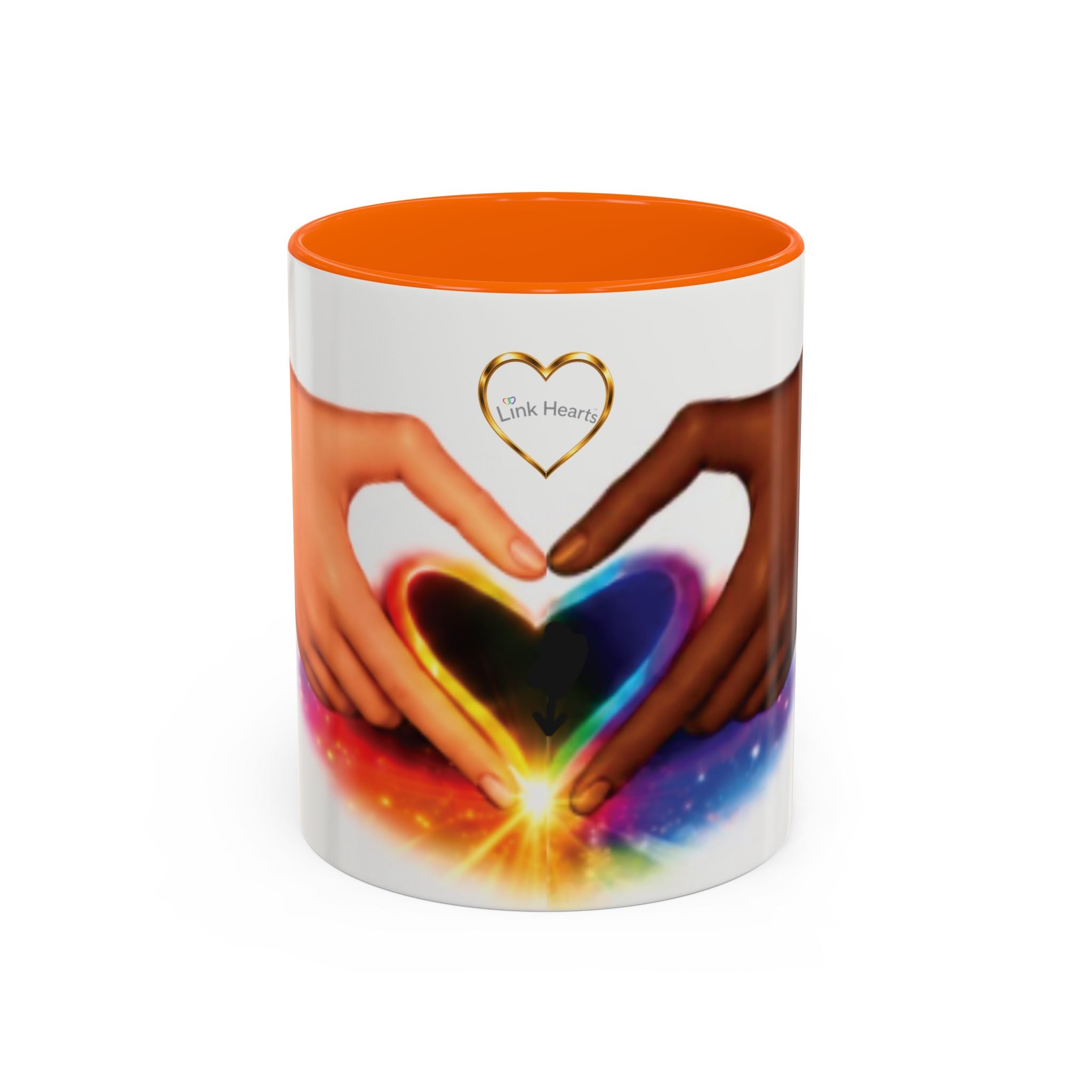 Link Hearts™ Unity Heart Mug. Rainbow Heart Hands Coffee Cup (Love & Unity)
