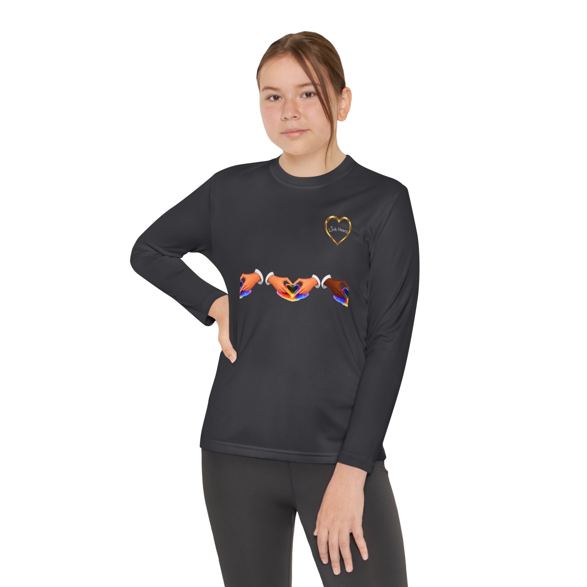 Link Hearts™ Youth Long Sleeve Tee – Rainbow Hand Heart Design (Love Unity)