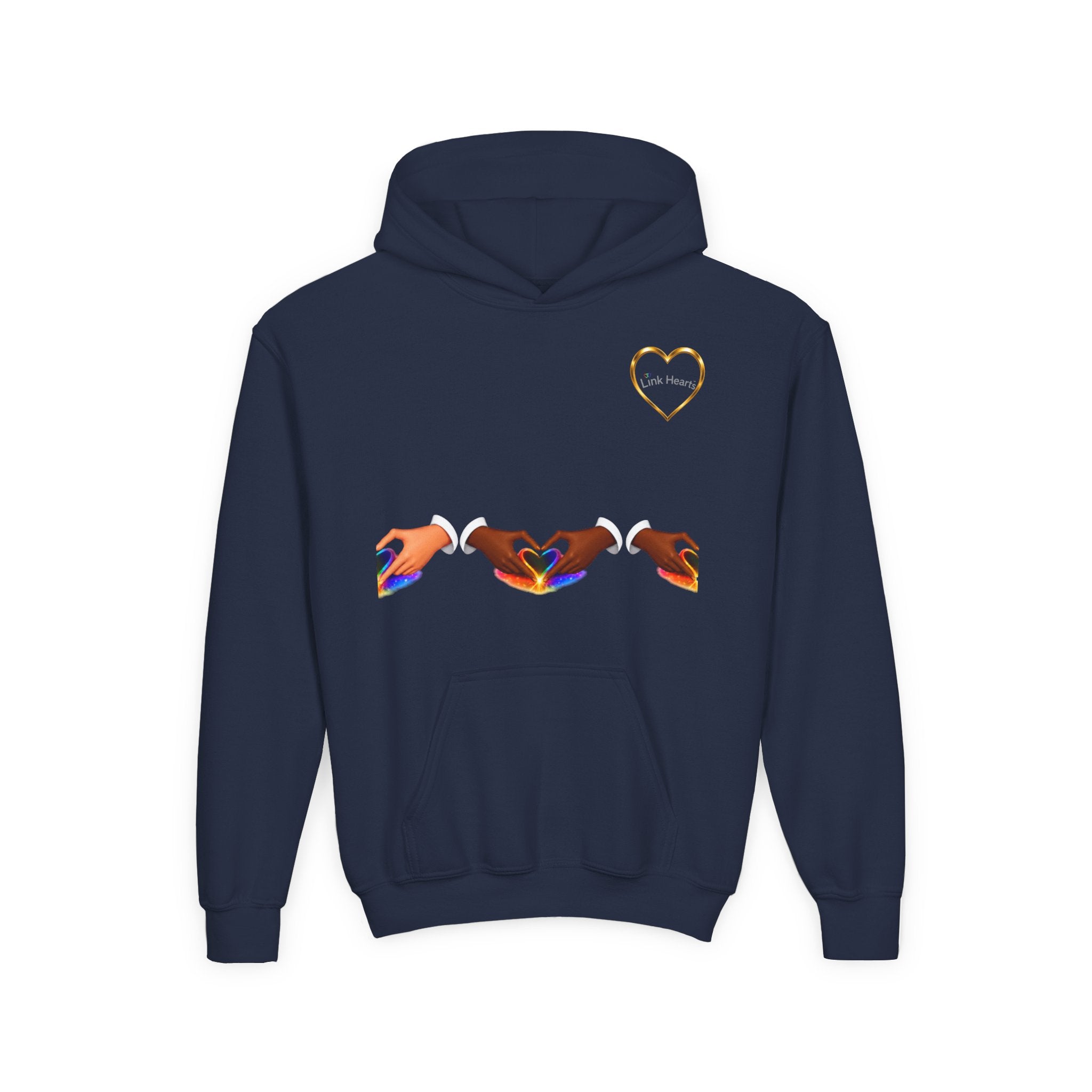 Youth Hoodie — Rainbow Heart Hand Heart Design