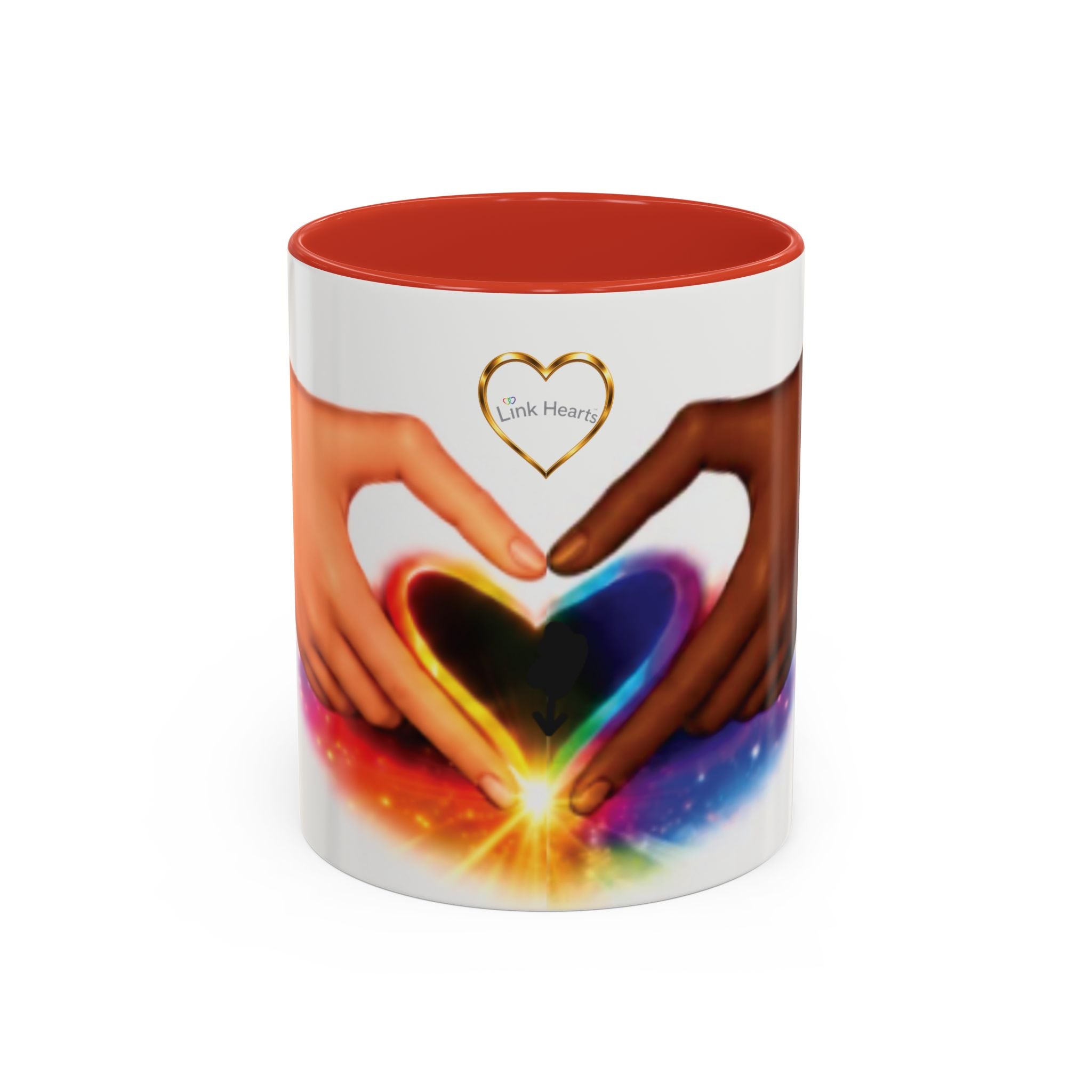 Link Hearts™ Unity Heart Mug. Rainbow Heart Hands Coffee Cup (Love & Unity)