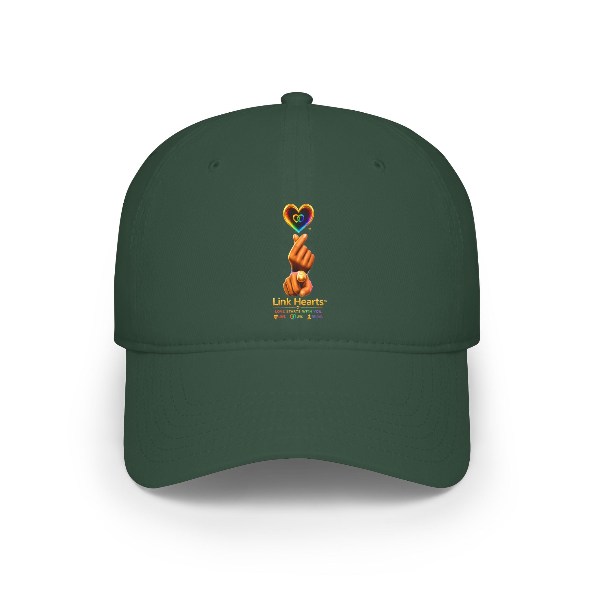 Link Hearts™ — 'Little Hearts' Rainbow Finger Heart Logo Low Profile Baseball Cap — 'Little Hearts' Rainbow Finger Heart Embroidered Cap