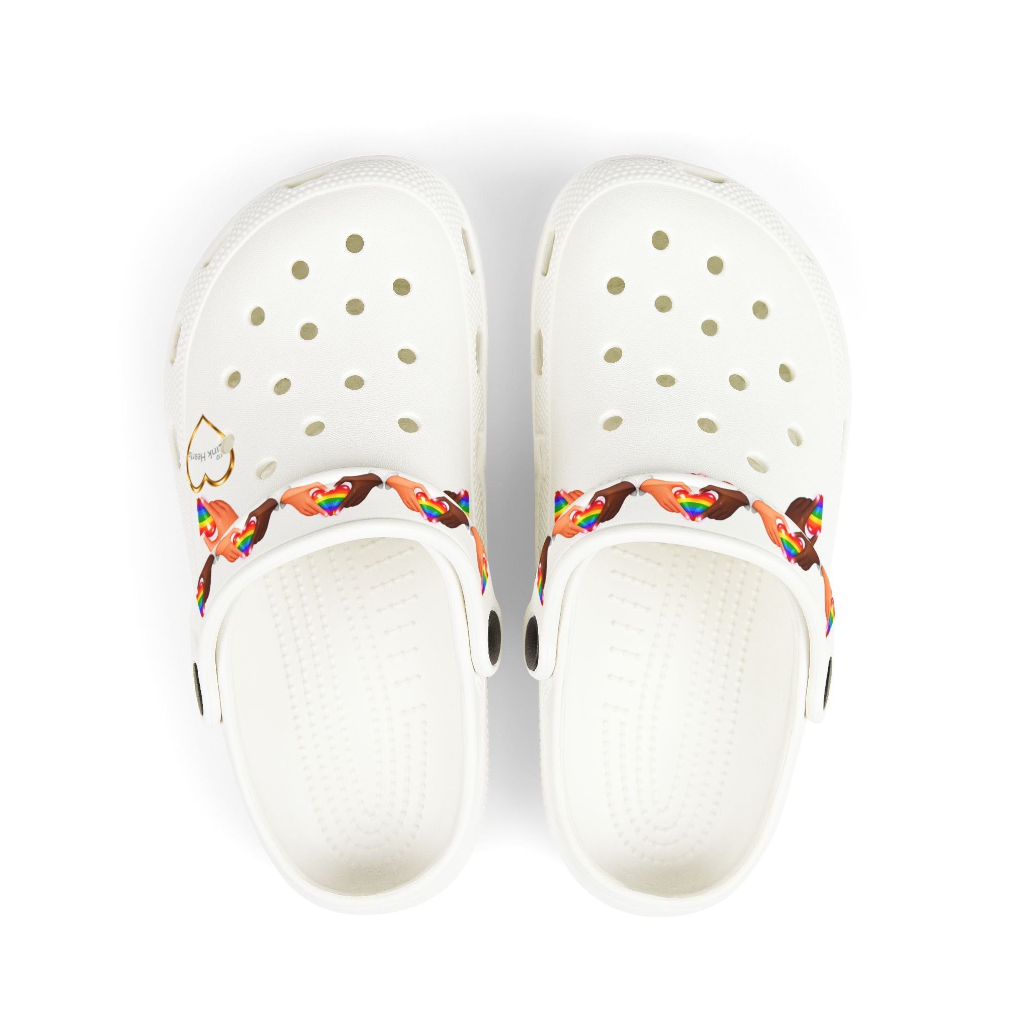 Link Hearts™ Rainbow Strap Clogs – Comfort Slip‑On Shoes with Heart Charm, Lightweight Unisex Foam Clogs, Inclusive Pride Footwear
