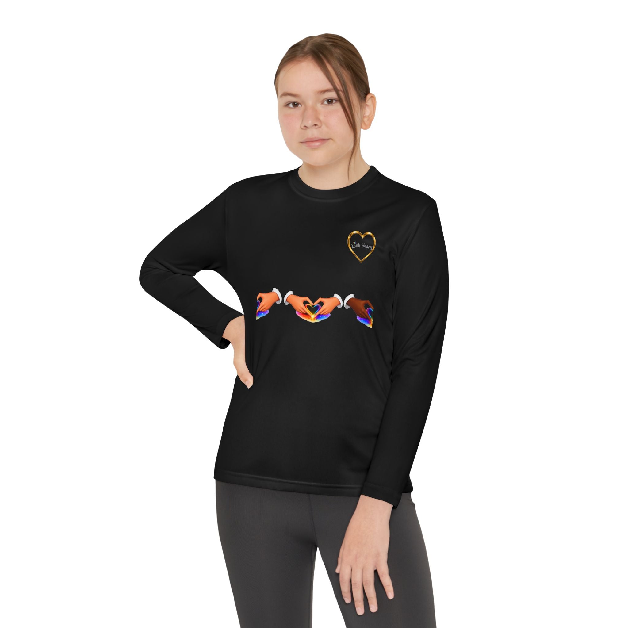 Link Hearts™ Youth Long Sleeve Tee – Rainbow Hand Heart Design (Love Unity)