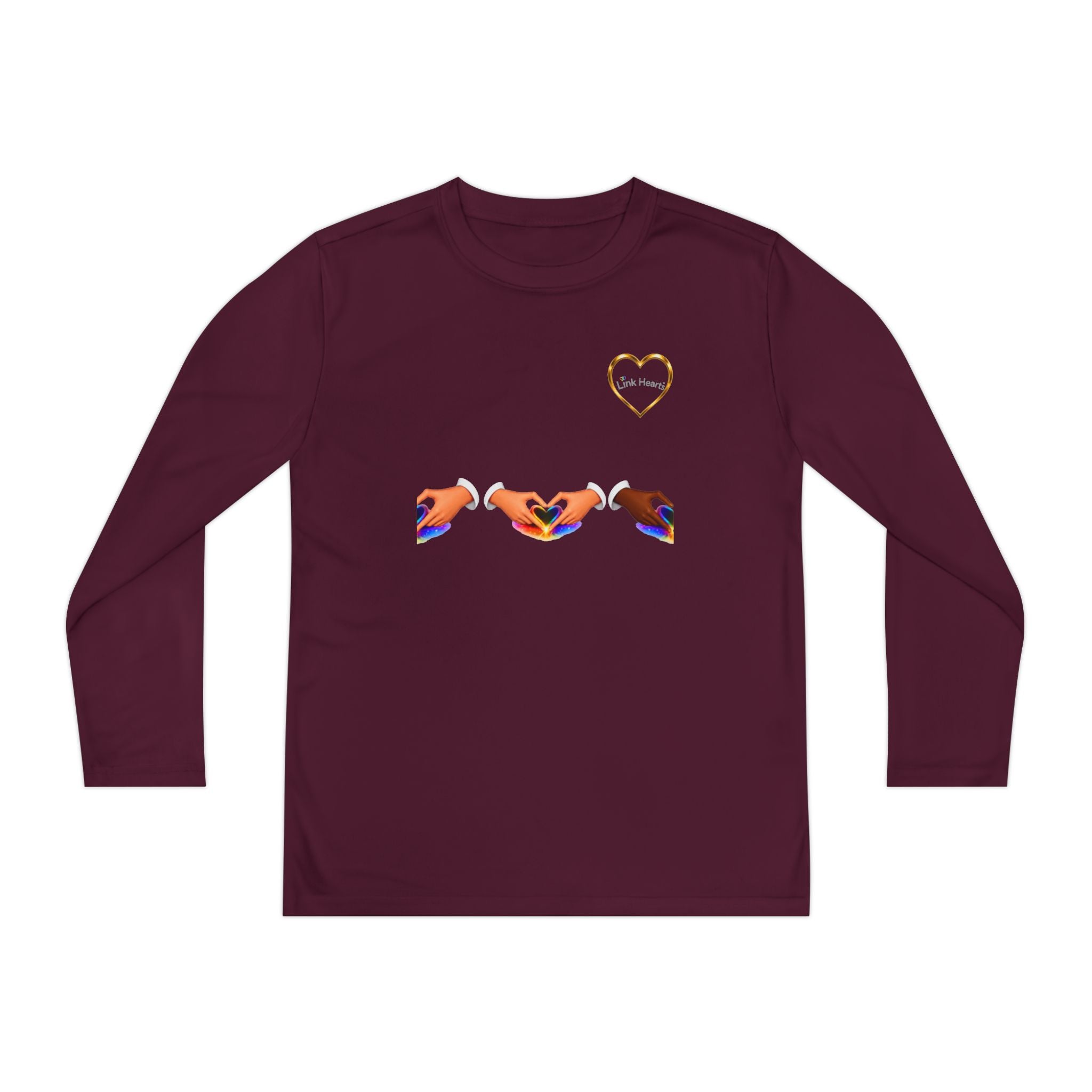 Link Hearts™ Youth Long Sleeve Tee – Rainbow Hand Heart Design (Love Unity)