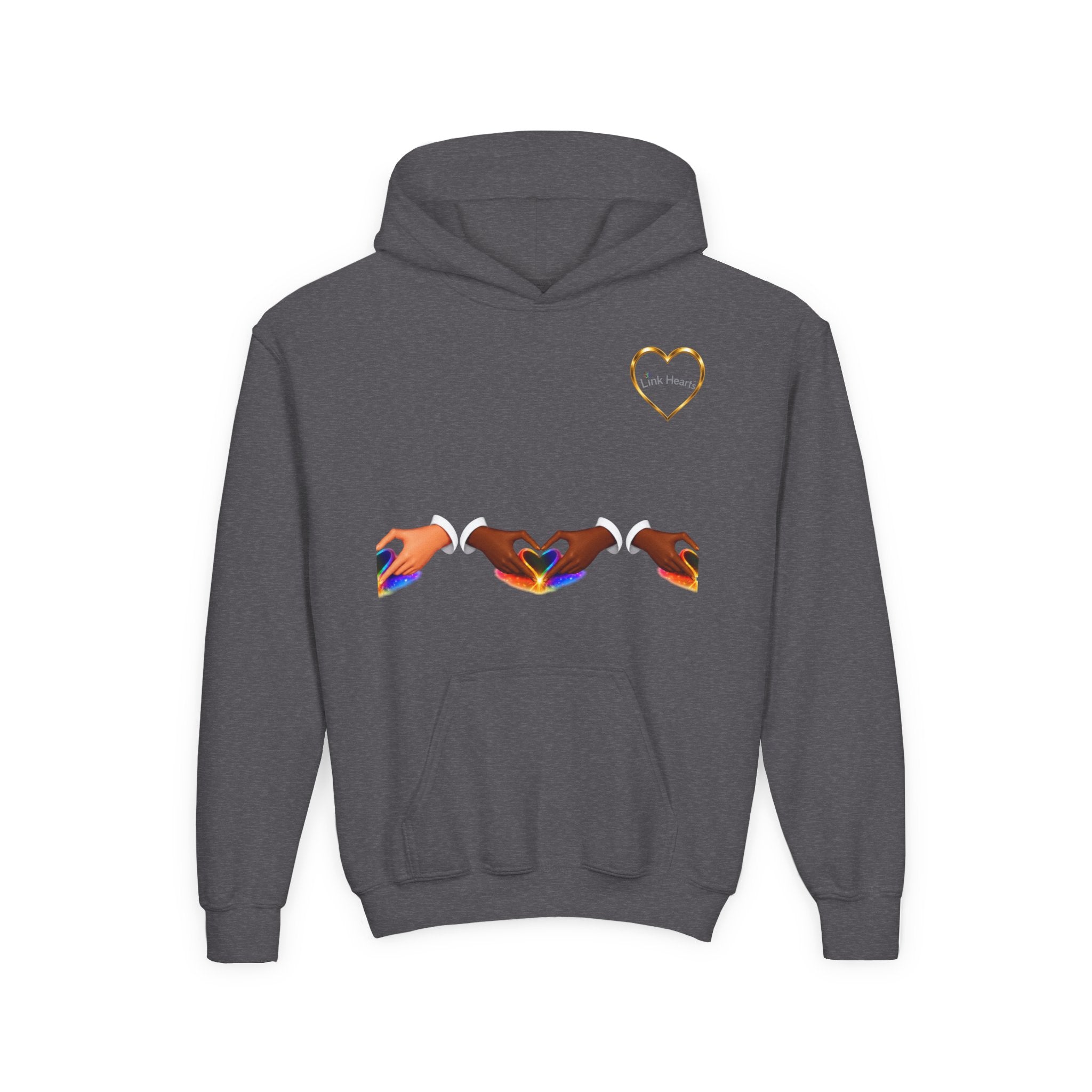 Youth Hoodie — Rainbow Heart Hand Heart Design