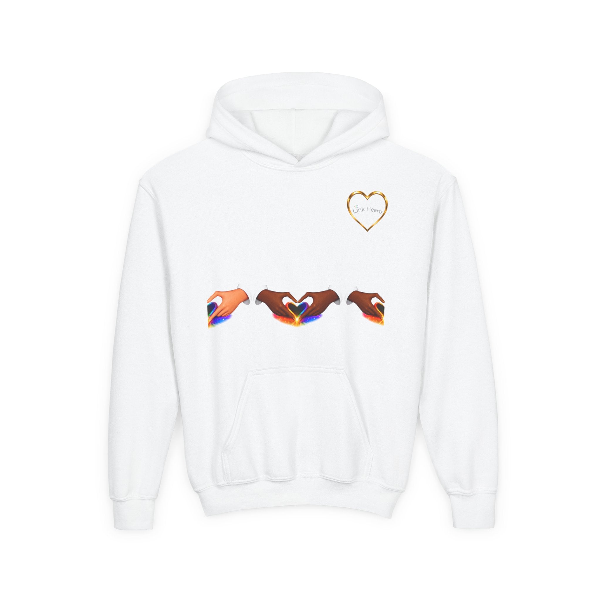 Youth Hoodie — Rainbow Heart Hand Heart Design