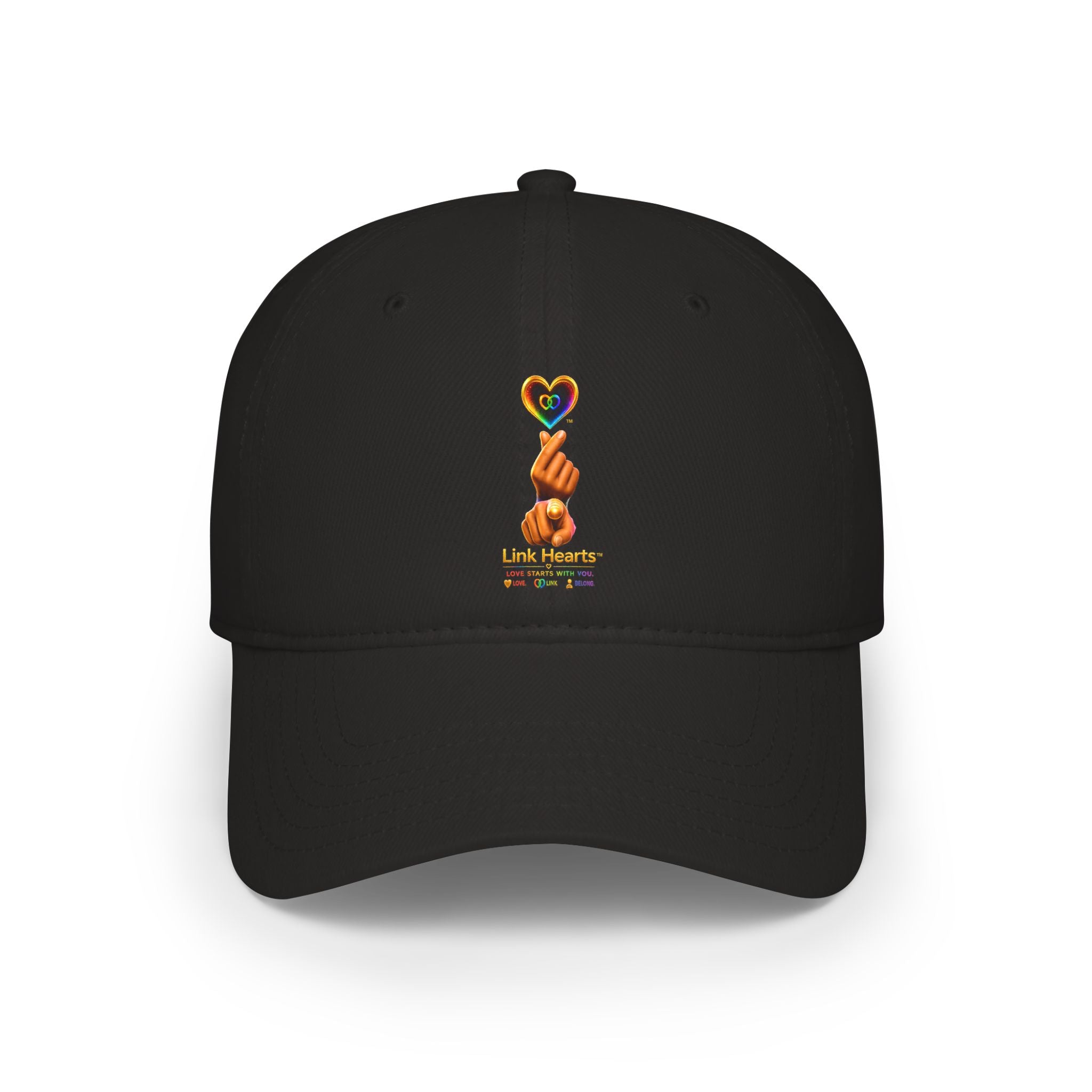 Link Hearts™ — 'Little Hearts' Rainbow Finger Heart Logo Low Profile Baseball Cap — 'Little Hearts' Rainbow Finger Heart Embroidered Cap