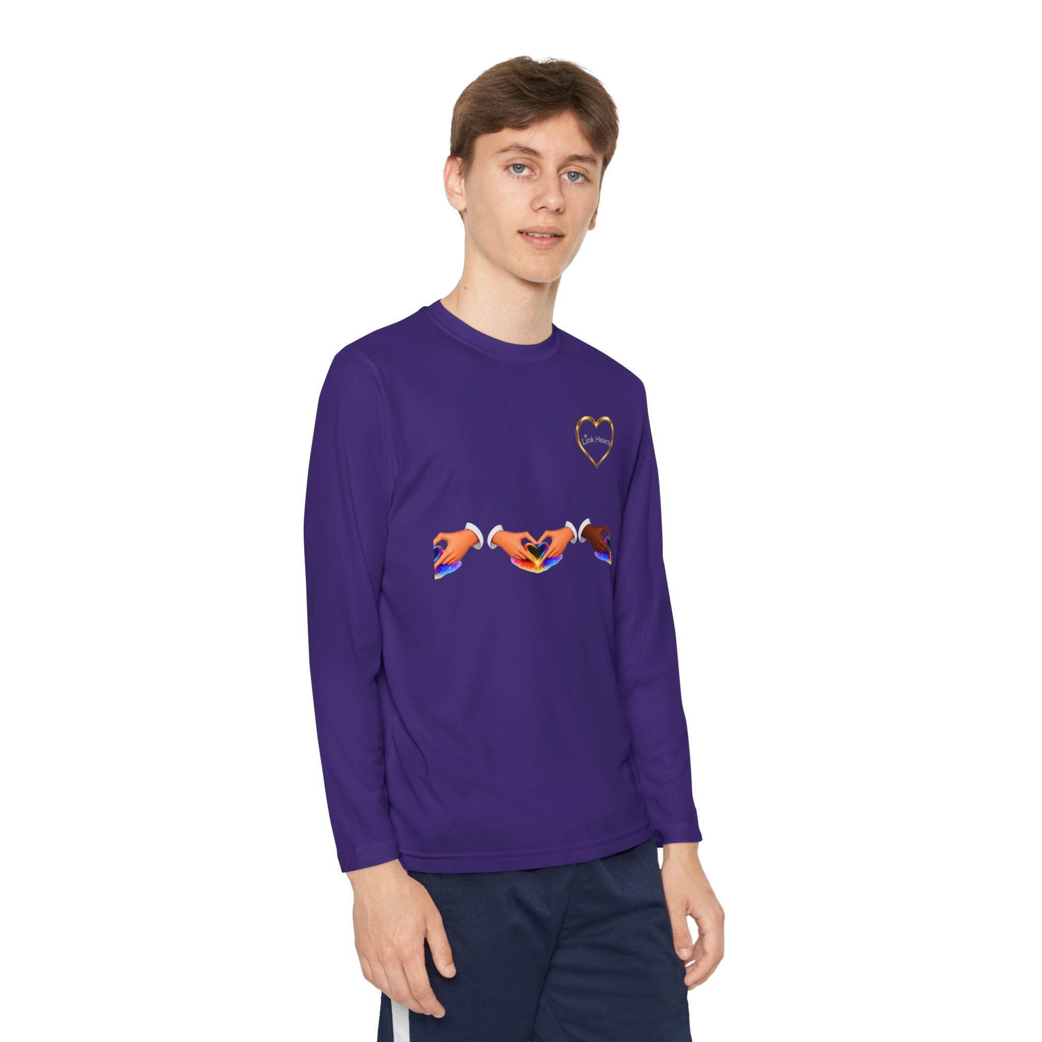 Link Hearts™ Youth Long Sleeve Tee – Rainbow Hand Heart Design (Love Unity)