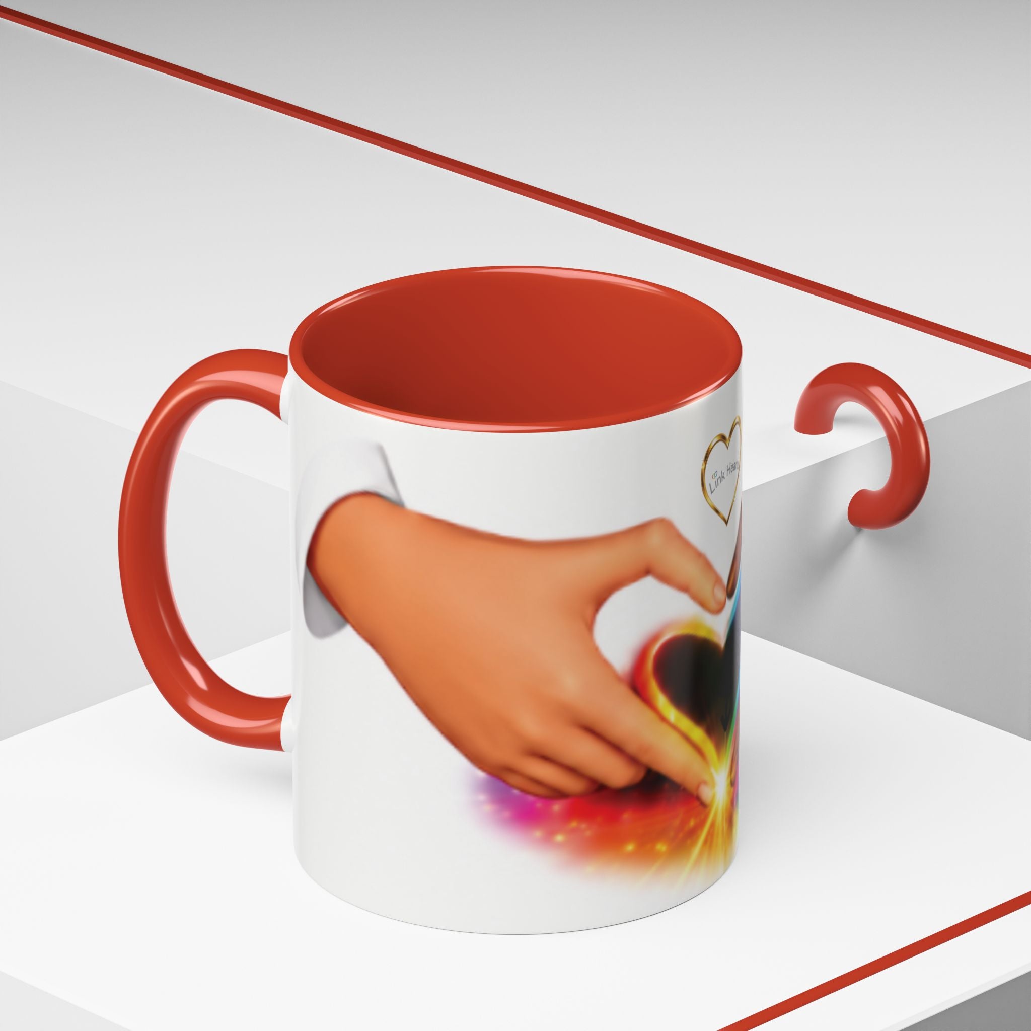 Link Hearts™ Unity Heart Mug. Rainbow Heart Hands Coffee Cup (Love & Unity)