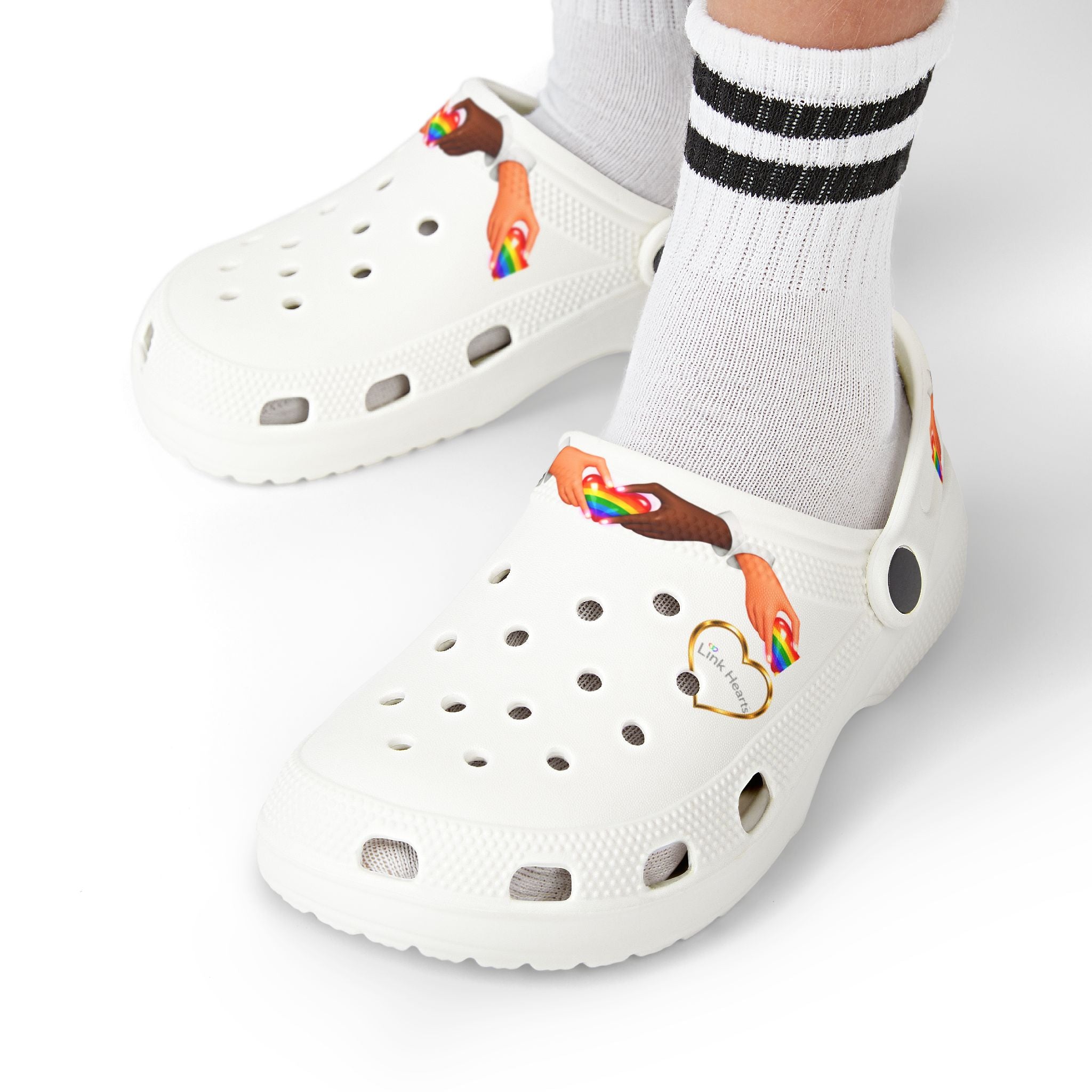 Link Hearts™ Rainbow Strap Clogs – Comfort Slip‑On Shoes with Heart Charm, Lightweight Unisex Foam Clogs, Inclusive Pride Footwear