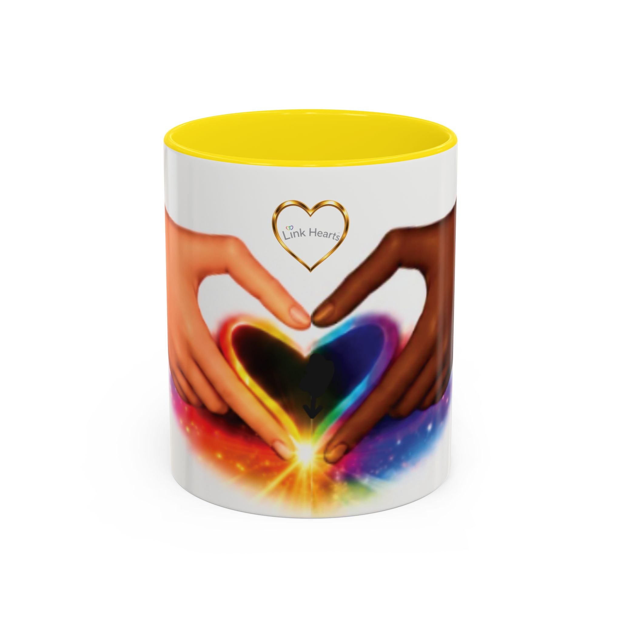 Link Hearts™ Unity Heart Mug. Rainbow Heart Hands Coffee Cup (Love & Unity)