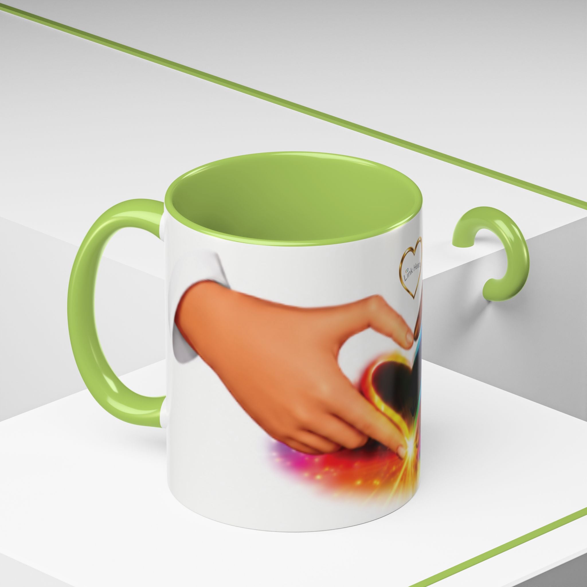 Link Hearts™ Unity Heart Mug. Rainbow Heart Hands Coffee Cup (Love & Unity)