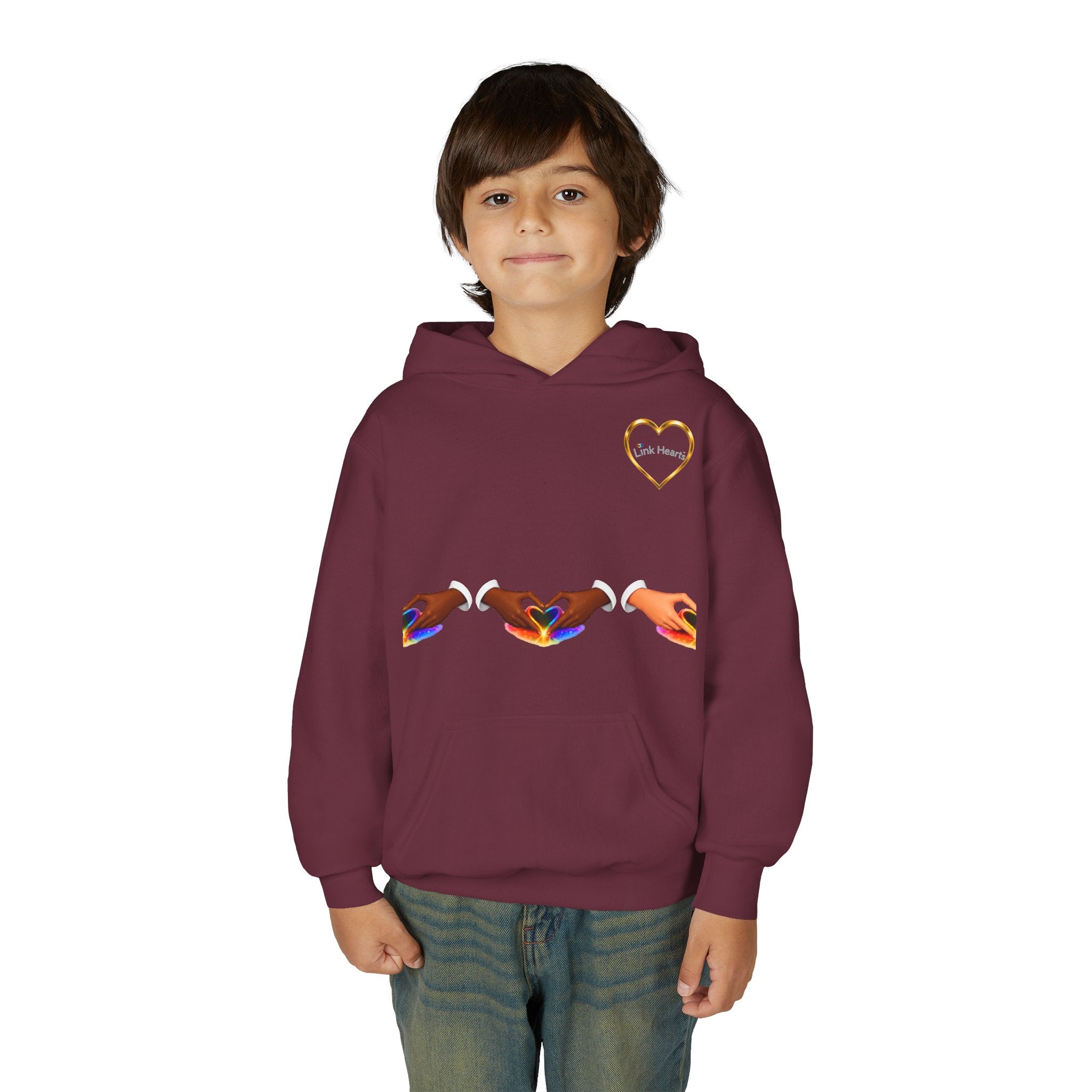 Youth Hoodie — Rainbow Heart Hands Design