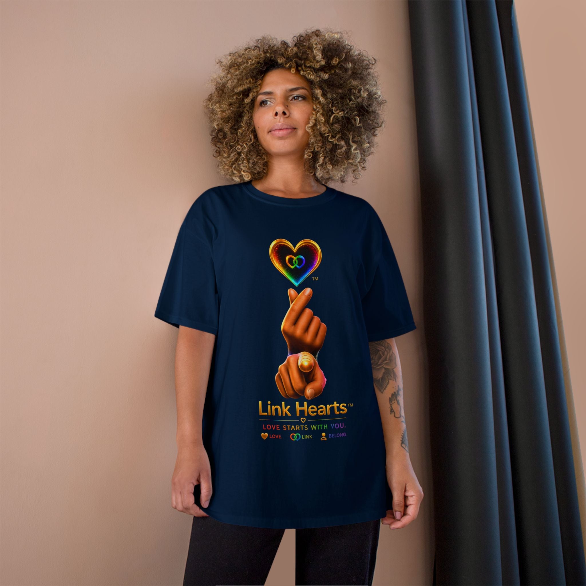 Link Hearts™ T-Shirt — Rainbow Finger Heart Love Graphic Tee
