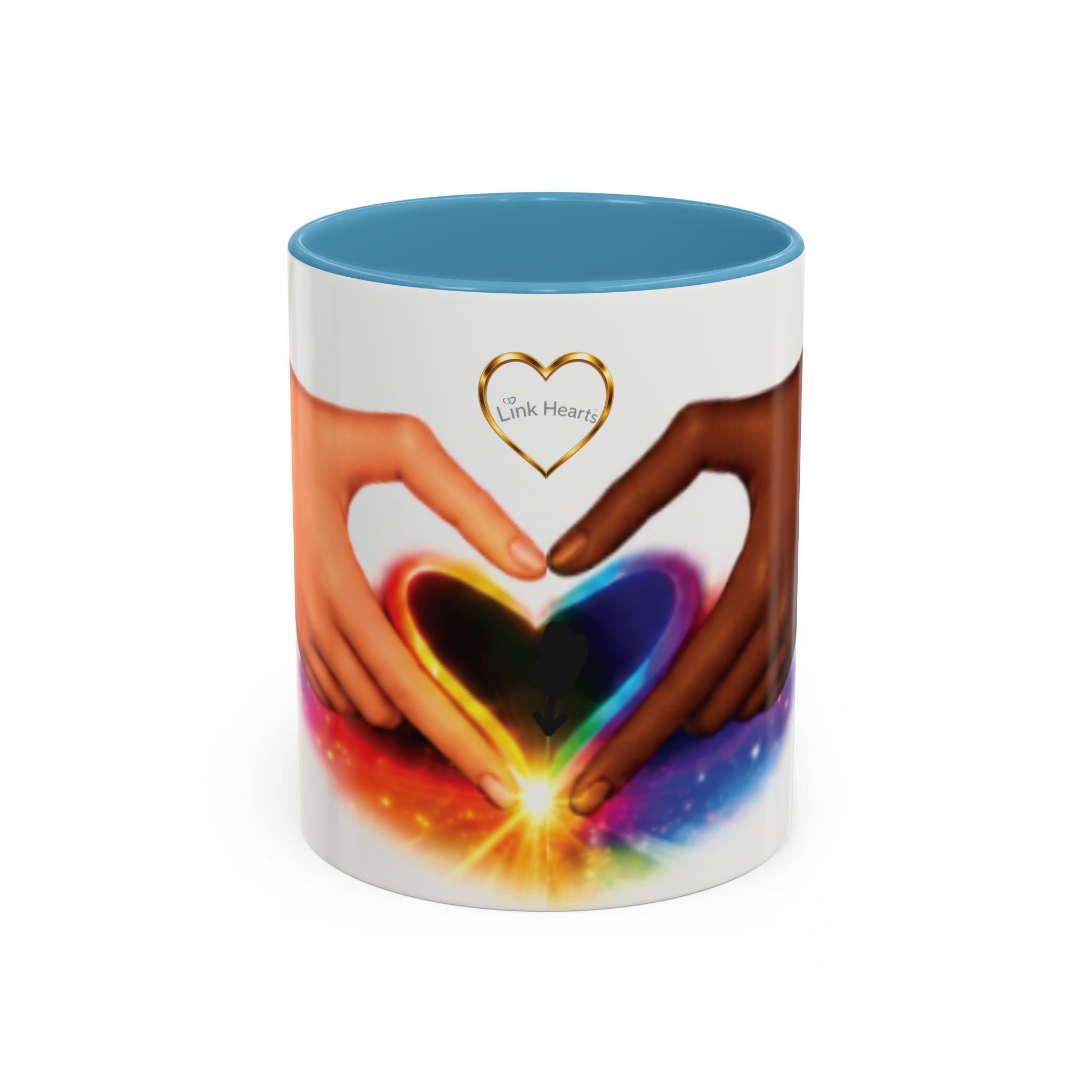 Link Hearts™ Unity Heart Mug. Rainbow Heart Hands Coffee Cup (Love & Unity)