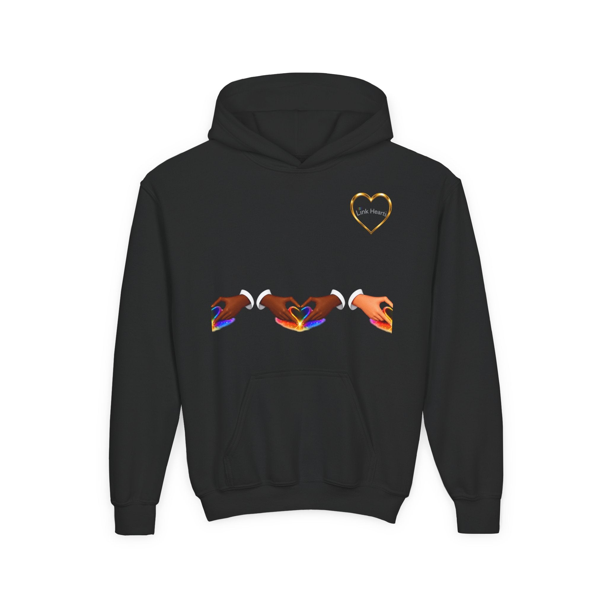 Youth Hoodie — Rainbow Heart Hands Design