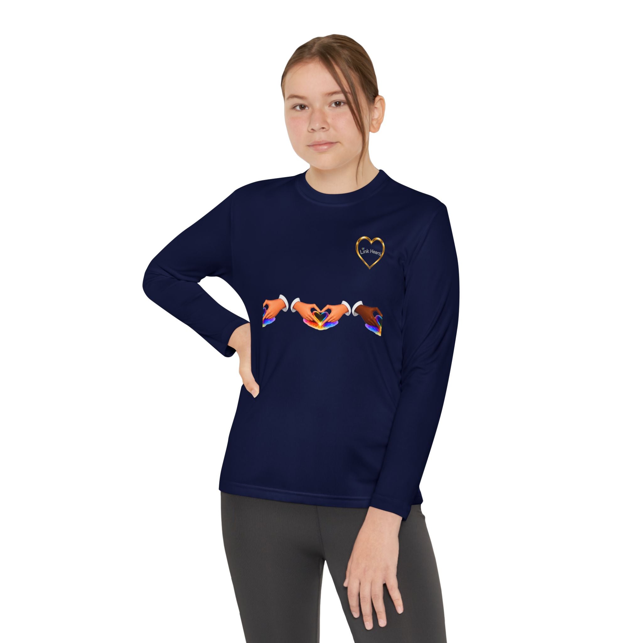 Link Hearts™ Youth Long Sleeve Tee – Rainbow Hand Heart Design (Love Unity)