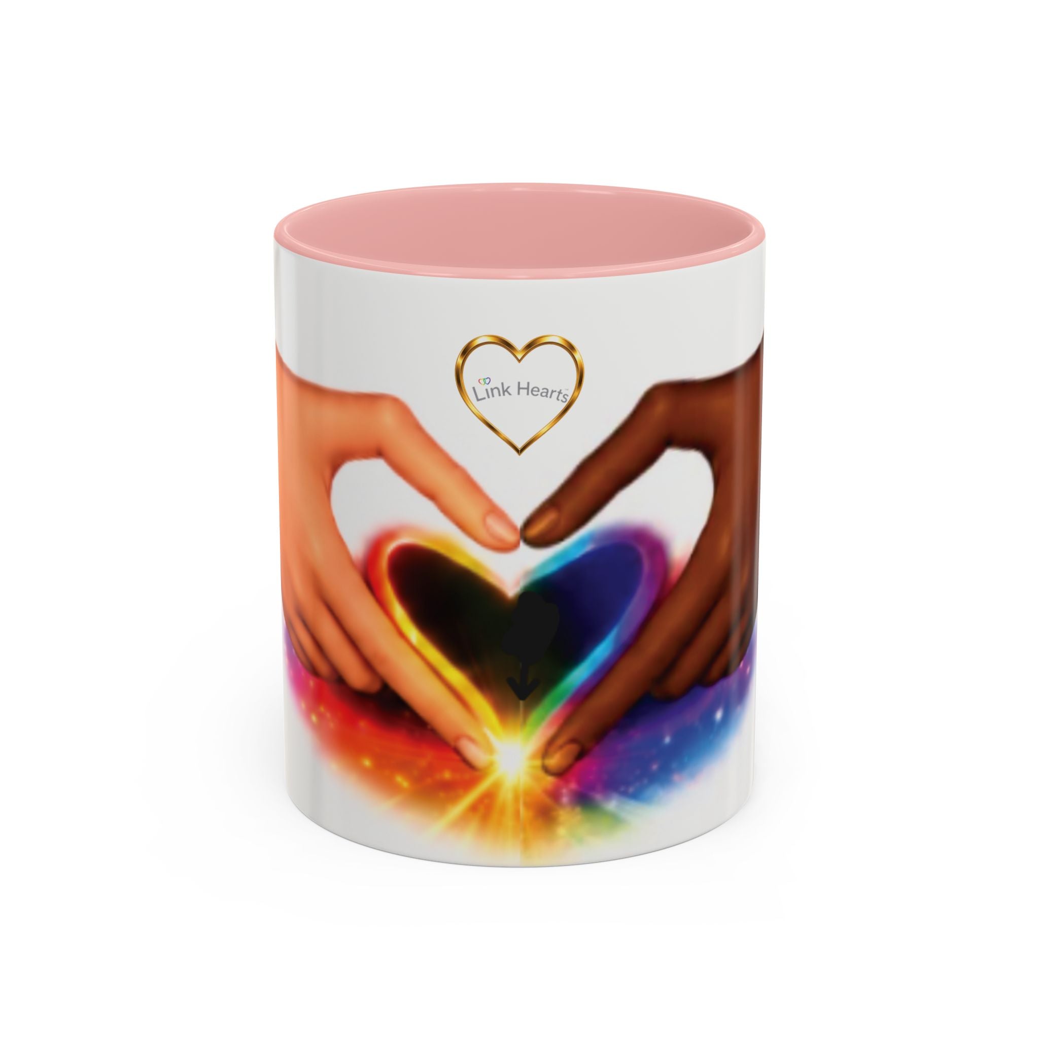 Link Hearts™ Unity Heart Mug. Rainbow Heart Hands Coffee Cup (Love & Unity)