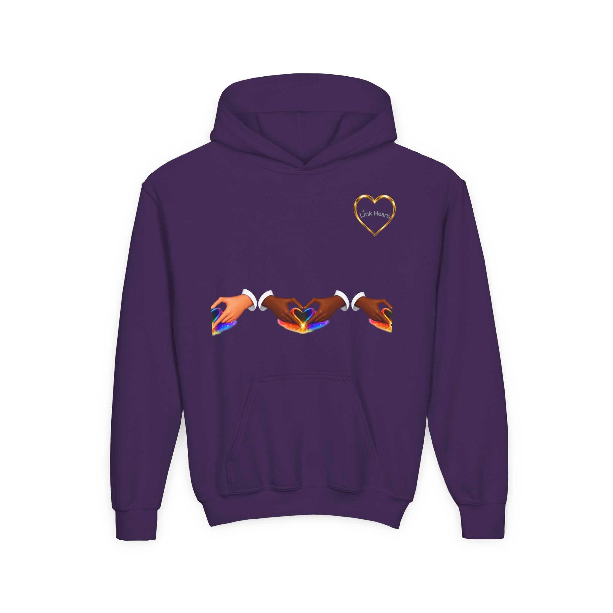 Youth Hoodie — Rainbow Heart Hand Heart Design