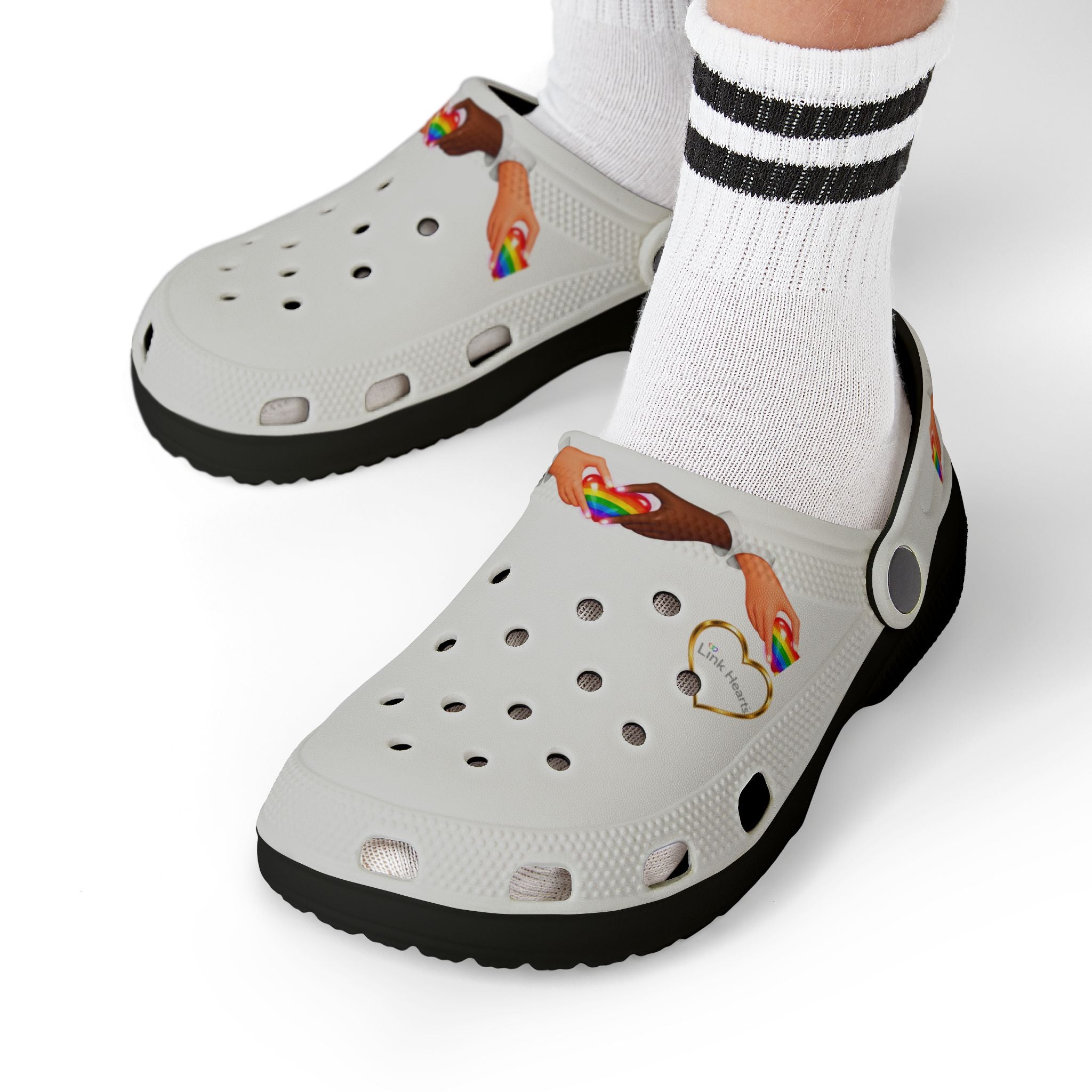 Link Hearts™ Rainbow Strap Clogs – Comfort Slip‑On Shoes with Heart Charm, Lightweight Unisex Foam Clogs, Inclusive Pride Footwear