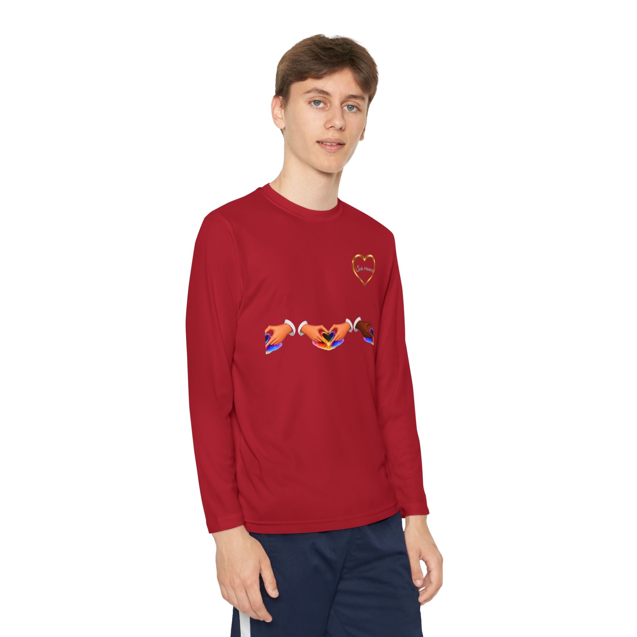 Link Hearts™ Youth Long Sleeve Tee – Rainbow Hand Heart Design (Love Unity)