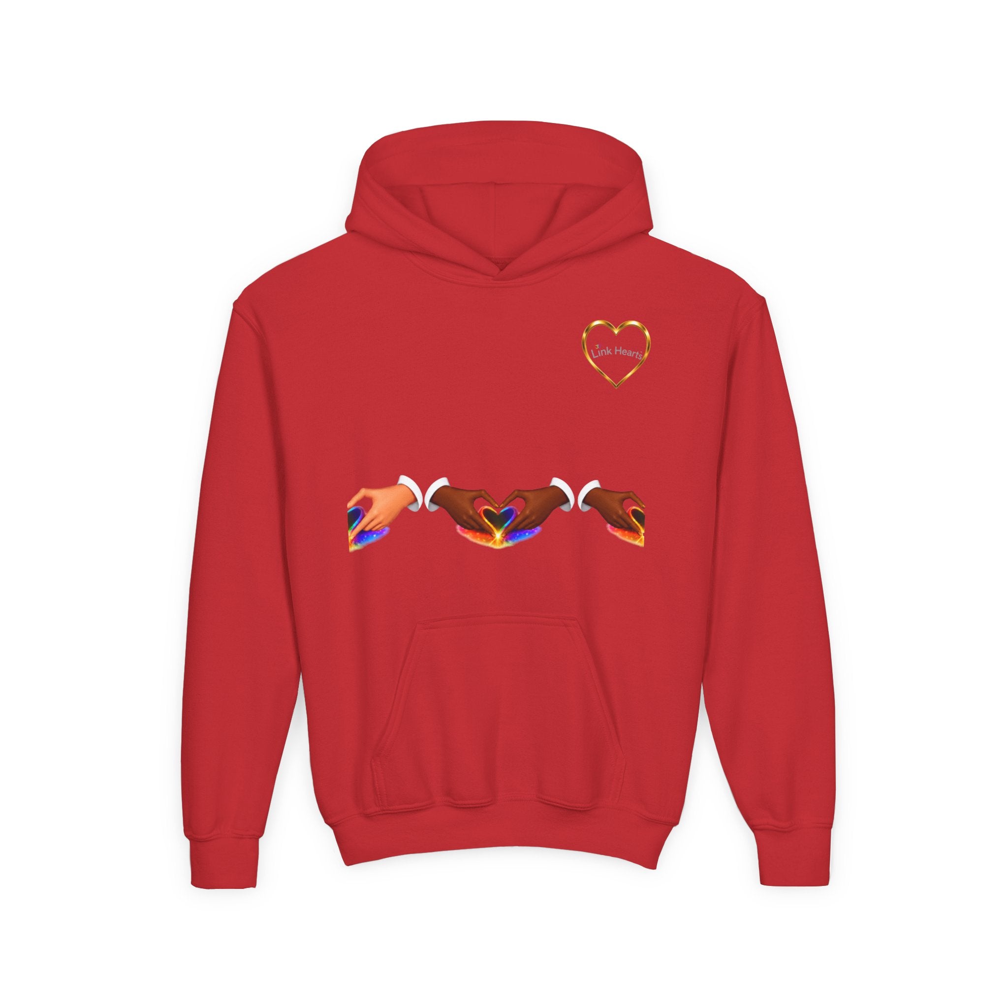 Youth Hoodie — Rainbow Heart Hand Heart Design