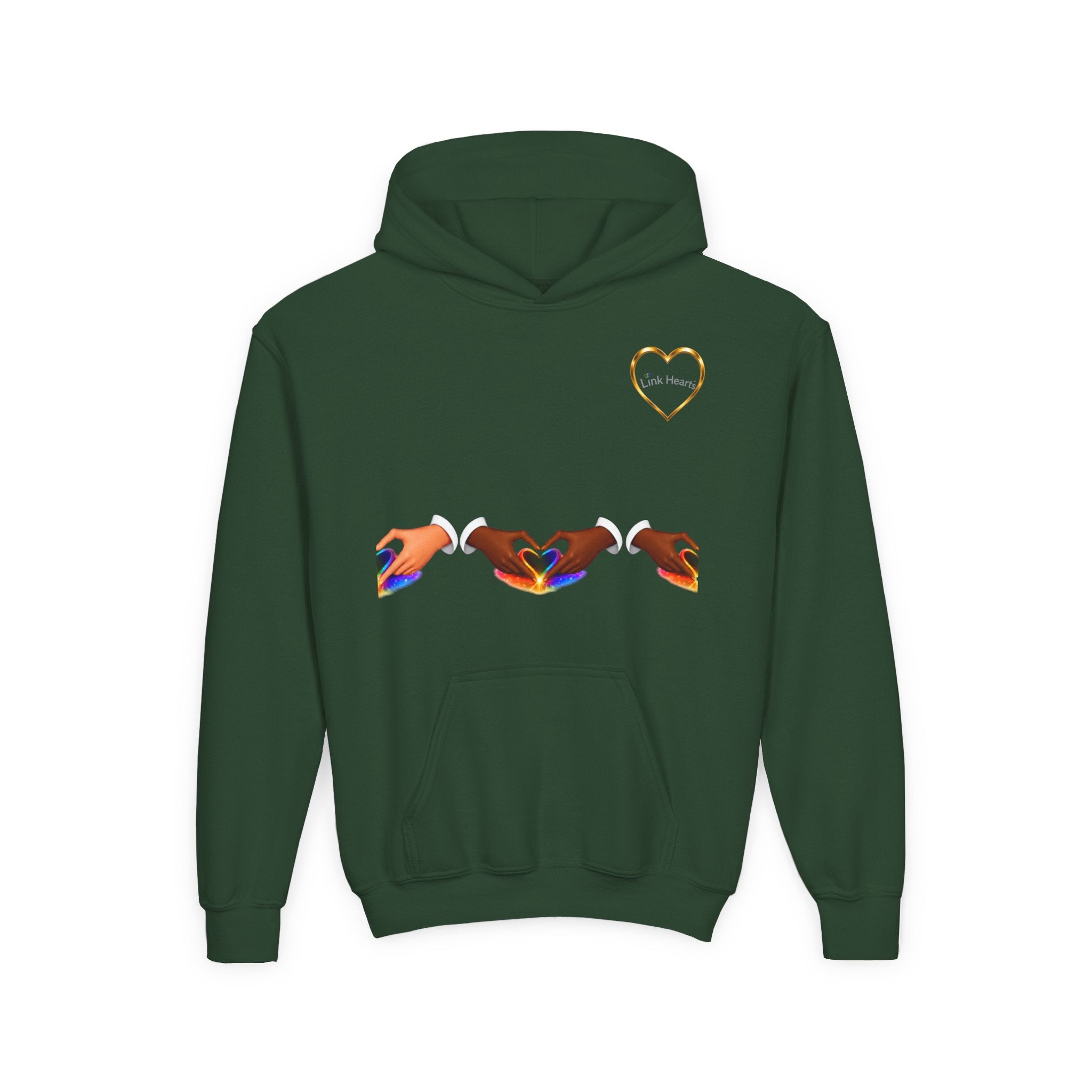 Youth Hoodie — Rainbow Heart Hand Heart Design