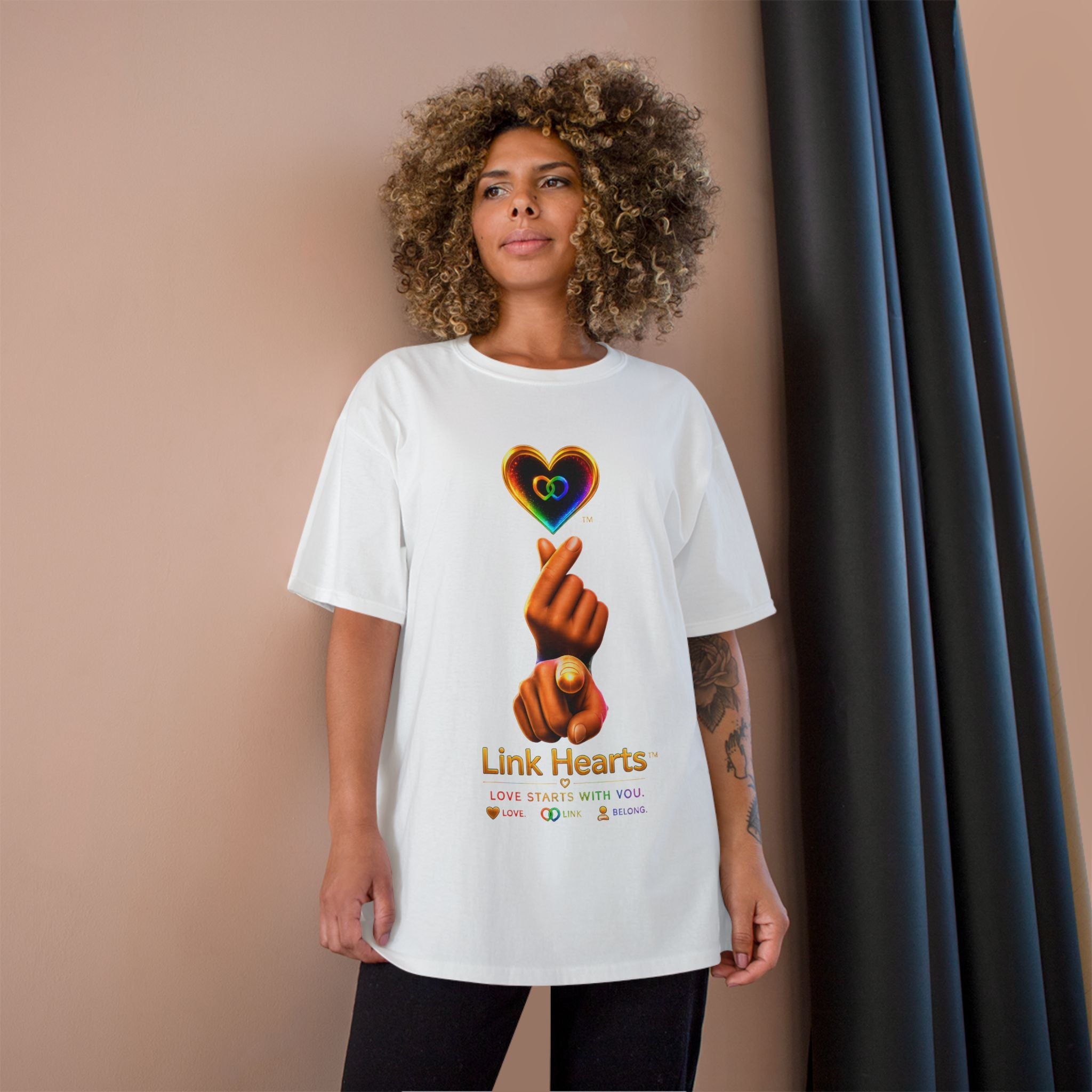 Link Hearts™ T-Shirt — Rainbow Finger Heart Love Graphic Tee