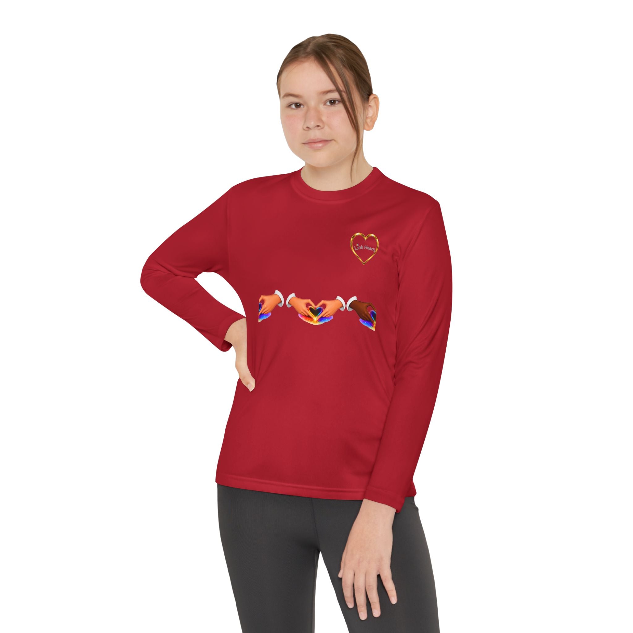Link Hearts™ Youth Long Sleeve Tee – Rainbow Hand Heart Design (Love Unity)