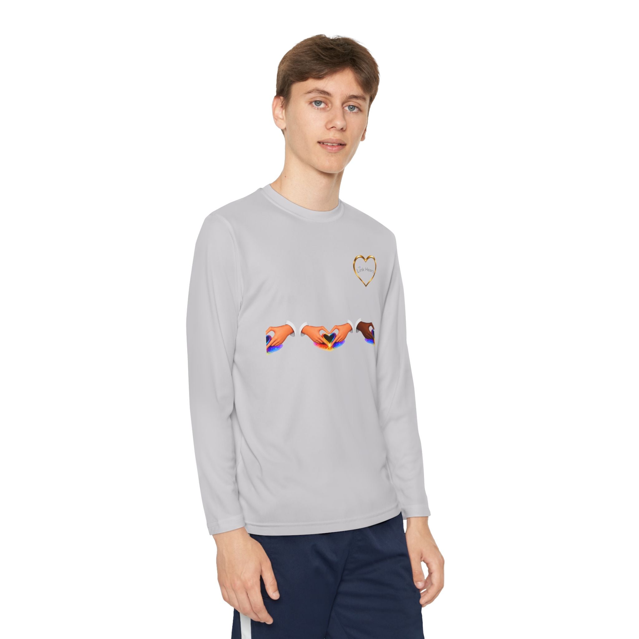 Link Hearts™ Youth Long Sleeve Tee – Rainbow Hand Heart Design (Love Unity)