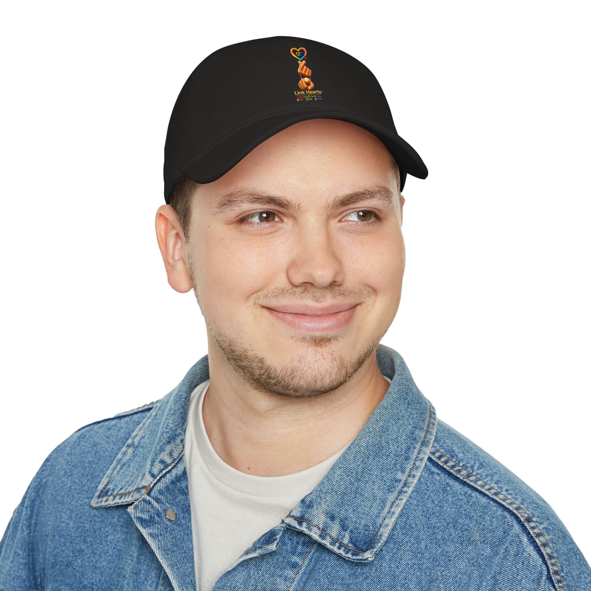 Link Hearts™ — 'Little Hearts' Rainbow Finger Heart Logo Low Profile Baseball Cap — 'Little Hearts' Rainbow Finger Heart Embroidered Cap