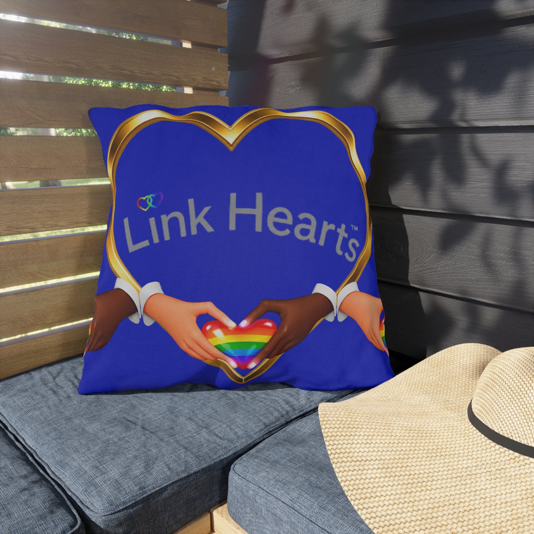 Link Hearts Outdoor Pillow — Rainbow Heart Hands Design