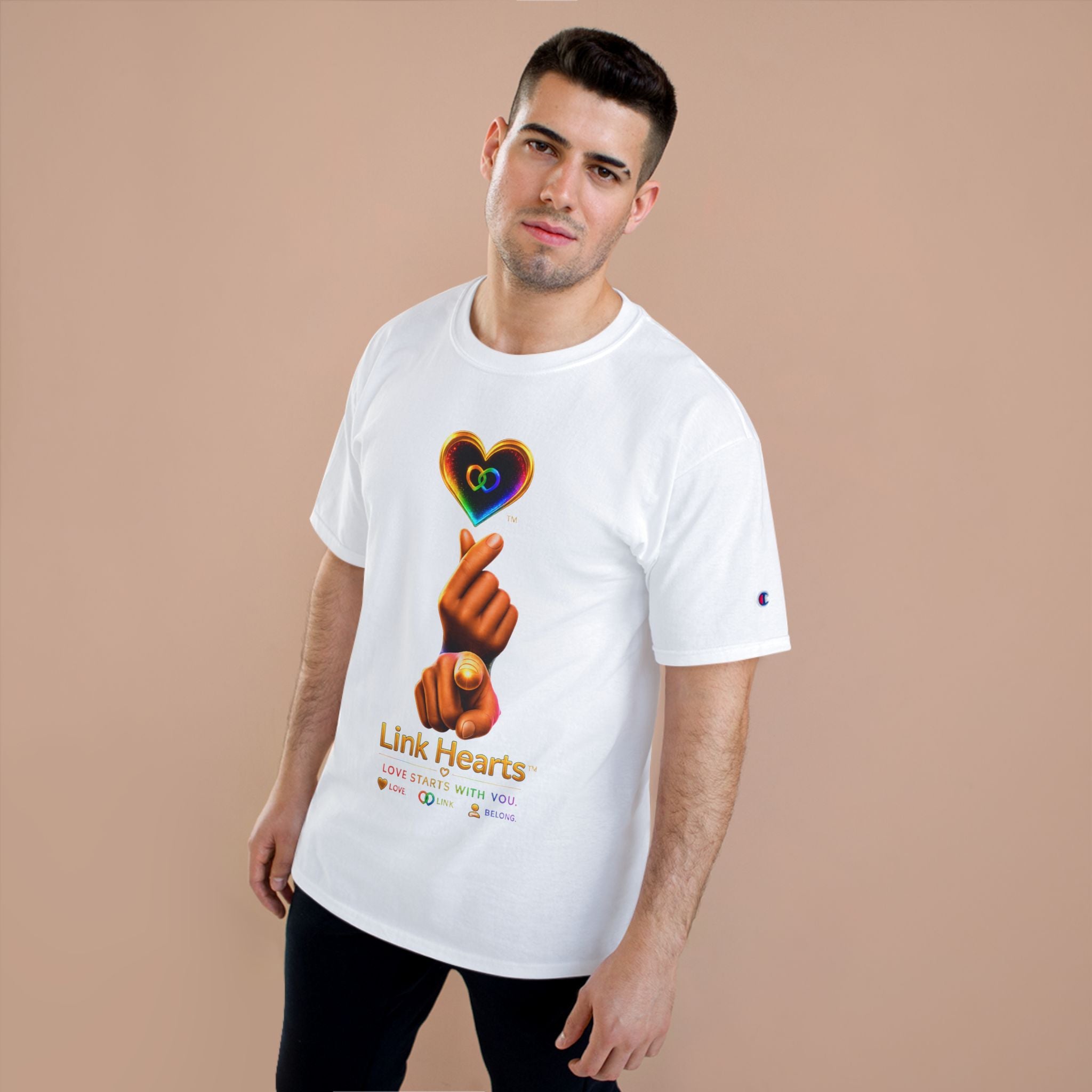 Link Hearts™ T-Shirt — Rainbow Finger Heart Love Graphic Tee