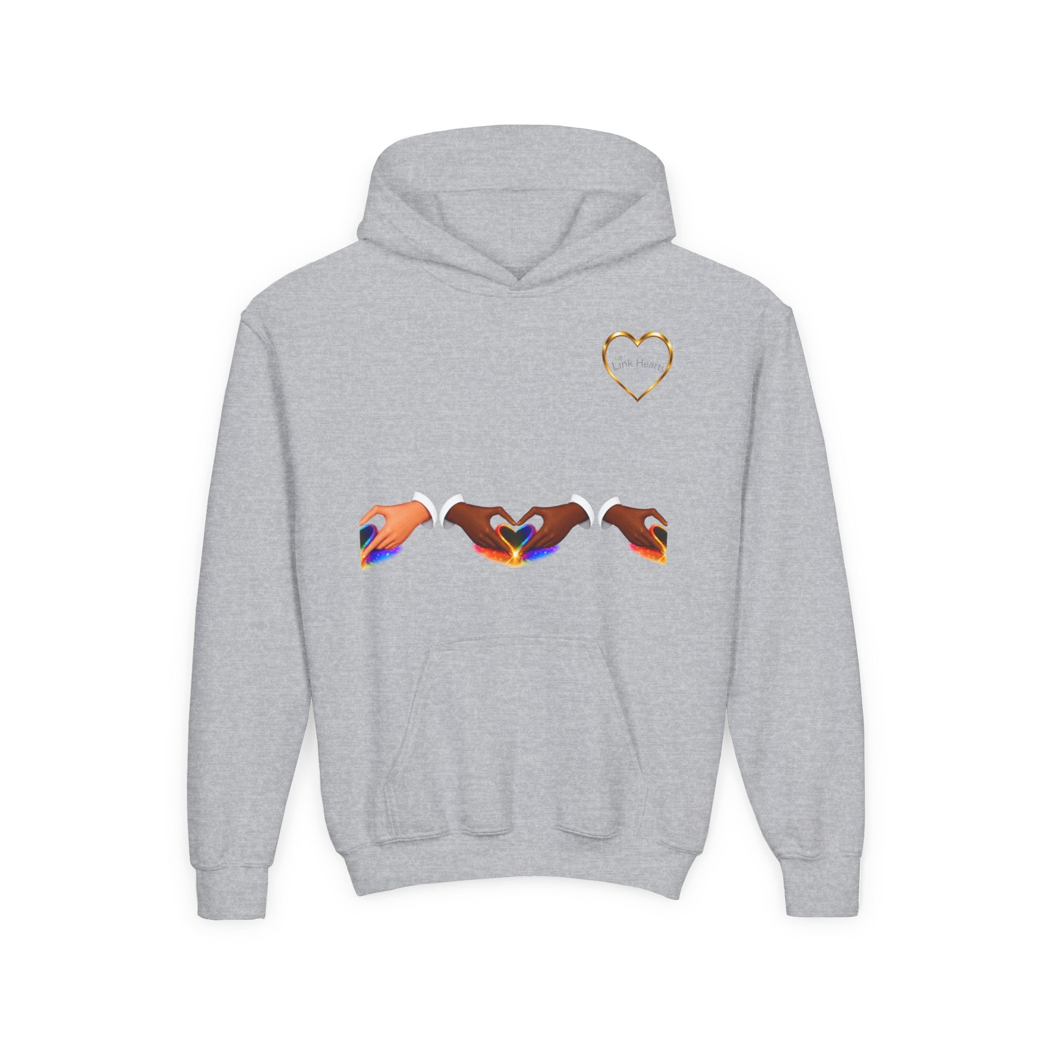Youth Hoodie — Rainbow Heart Hand Heart Design