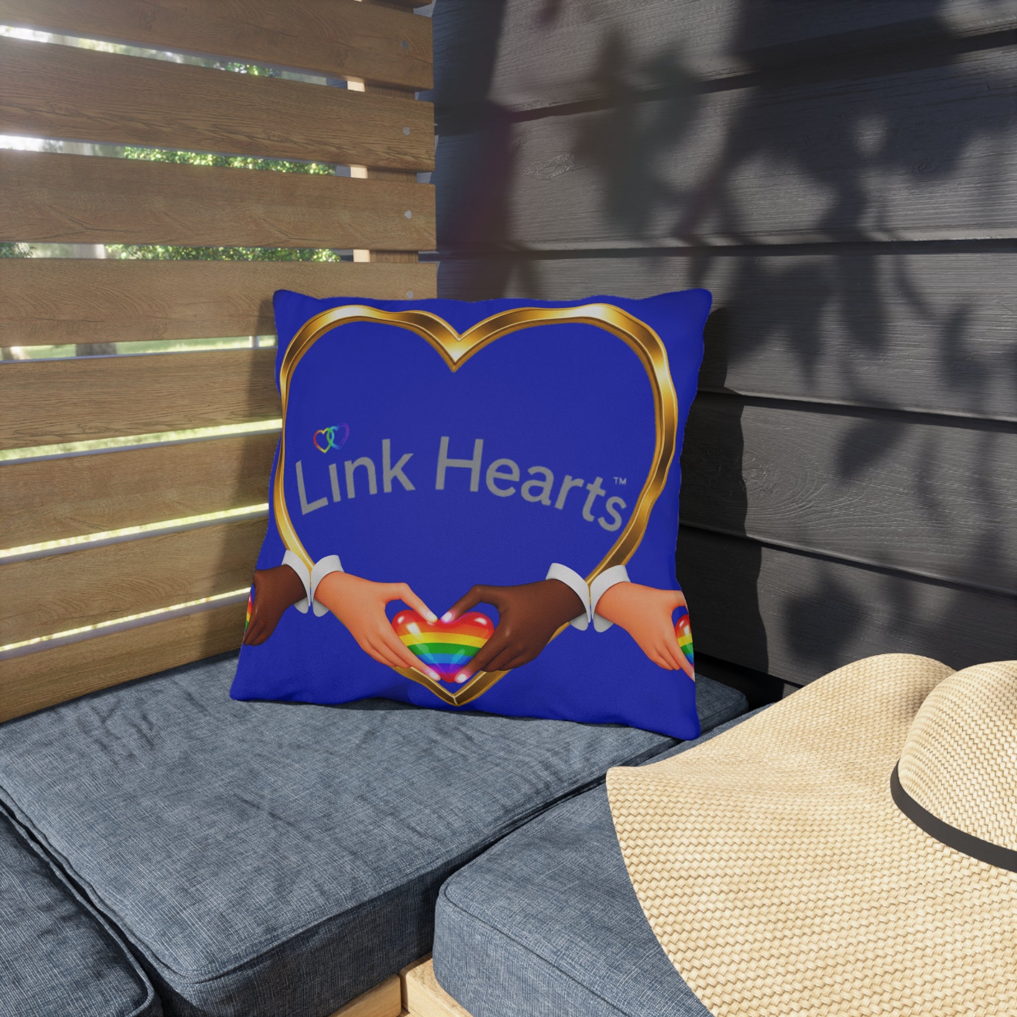 Link Hearts Outdoor Pillow — Rainbow Heart Hands Design
