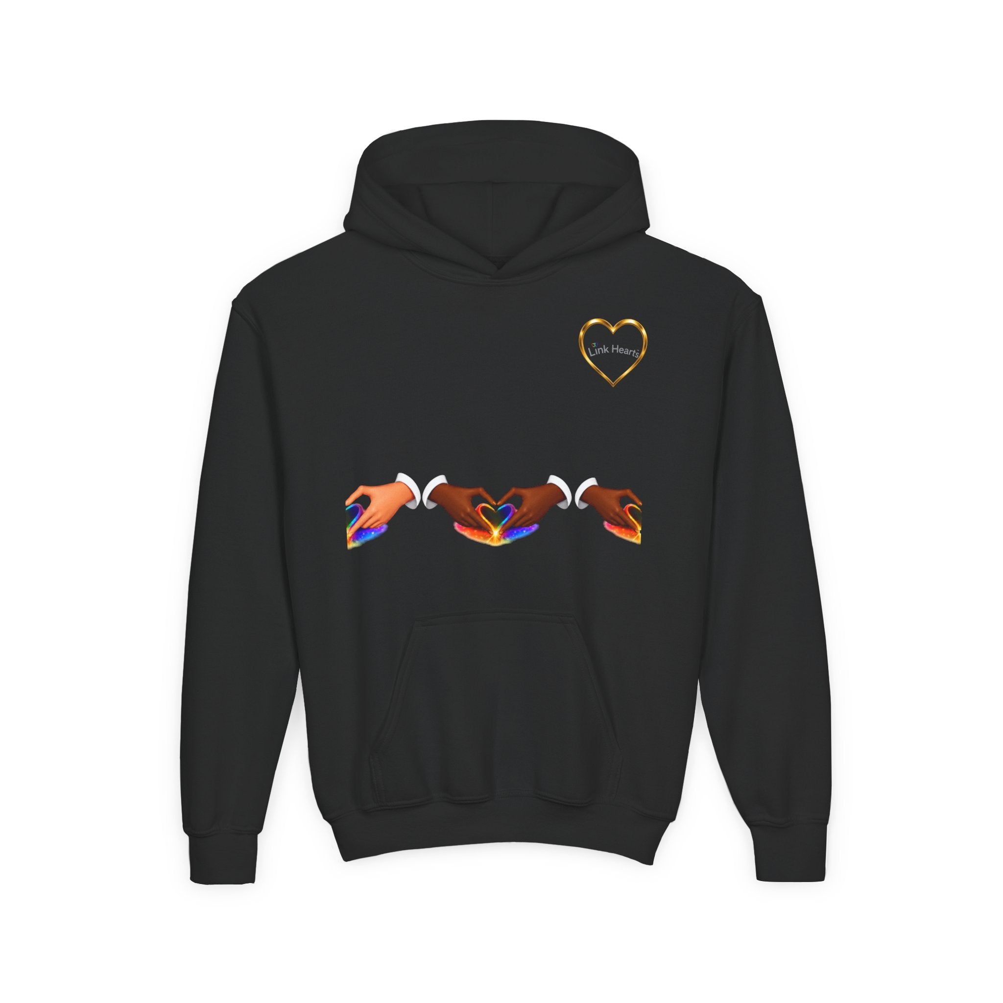 Youth Hoodie — Rainbow Heart Hand Heart Design
