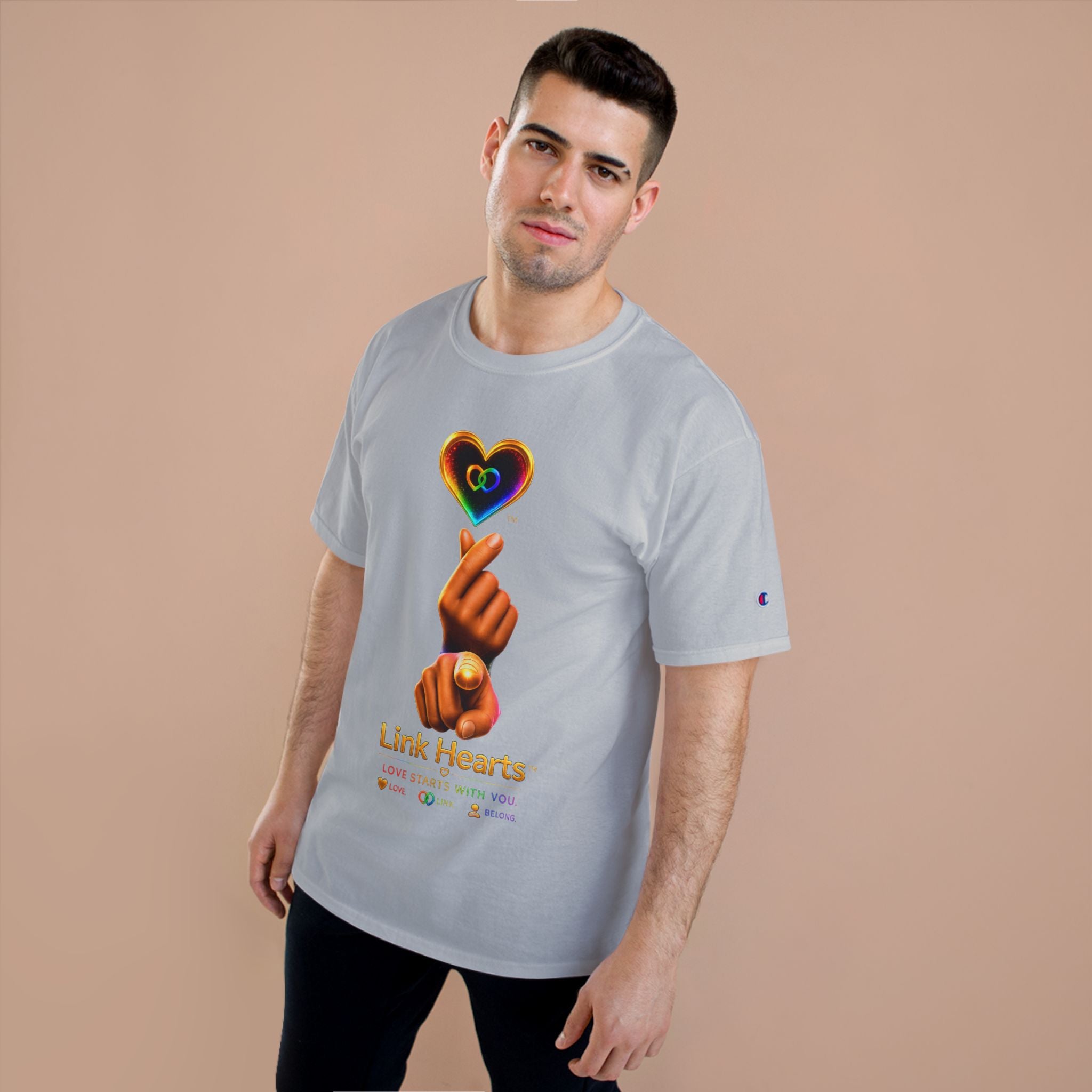 Link Hearts™ T-Shirt — Rainbow Finger Heart Love Graphic Tee