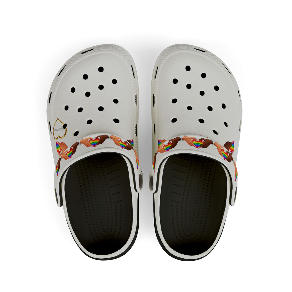 Link Hearts™ Rainbow Strap Clogs – Comfort Slip‑On Shoes with Heart Charm, Lightweight Unisex Foam Clogs, Inclusive Pride Footwear