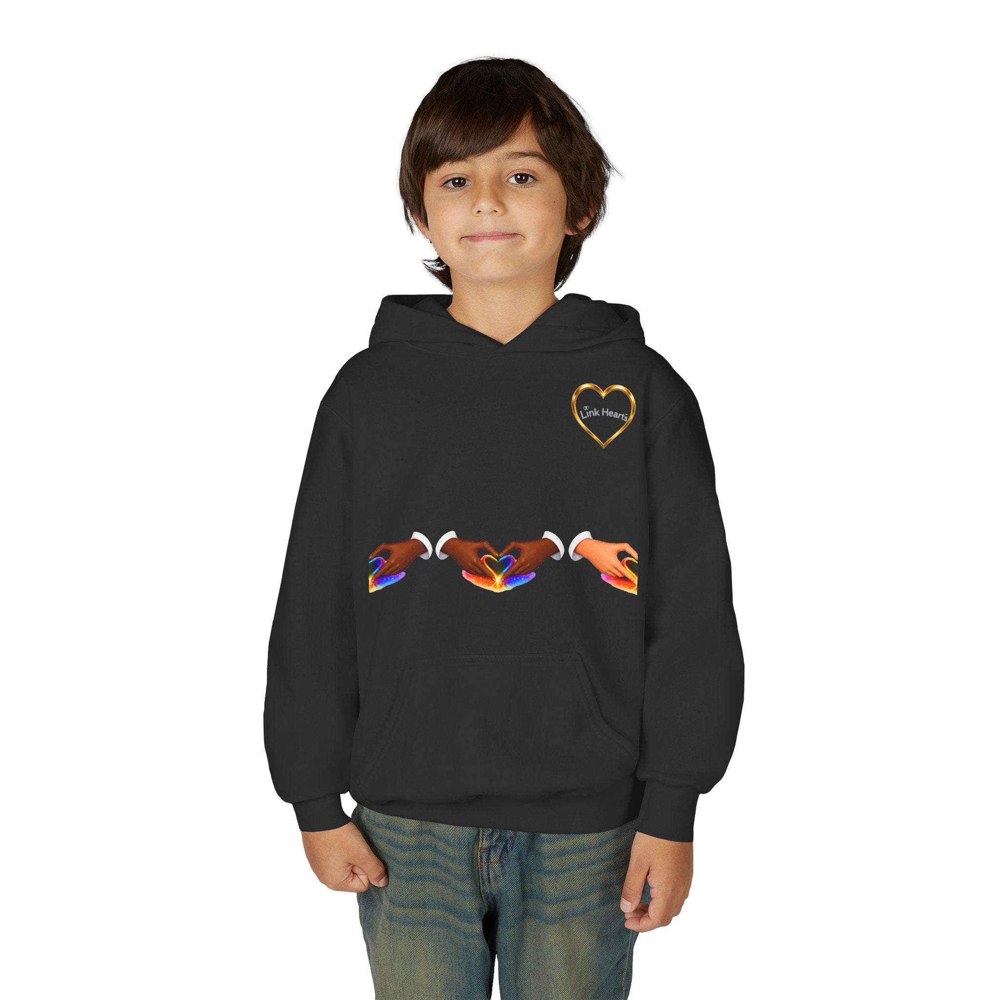 Youth Hoodie — Rainbow Heart Hands Design