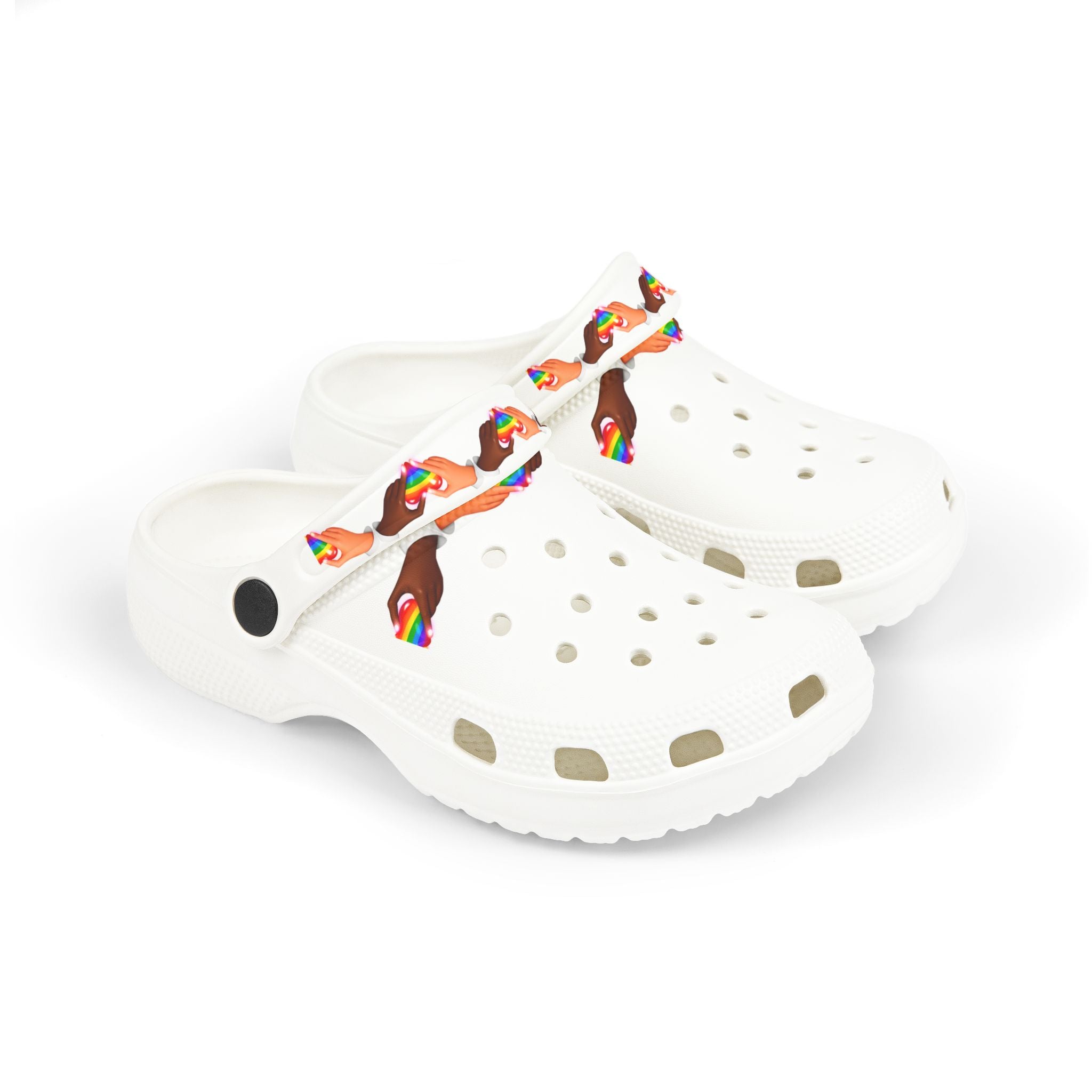 Link Hearts™ Rainbow Strap Clogs – Comfort Slip‑On Shoes with Heart Charm, Lightweight Unisex Foam Clogs, Inclusive Pride Footwear