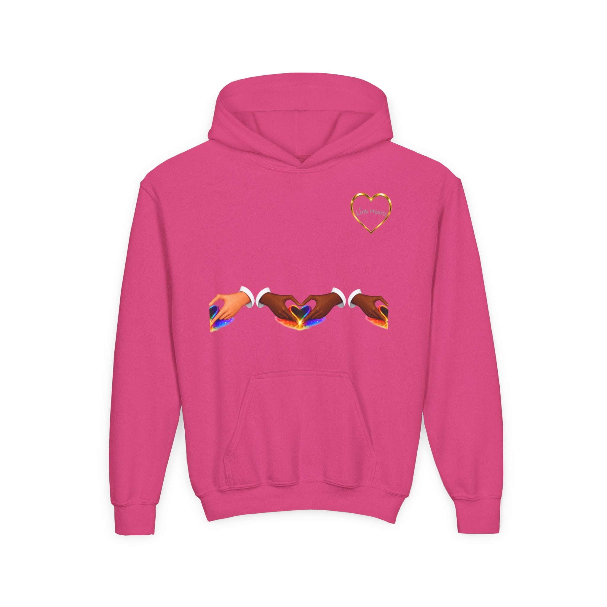 Youth Hoodie — Rainbow Heart Hand Heart Design