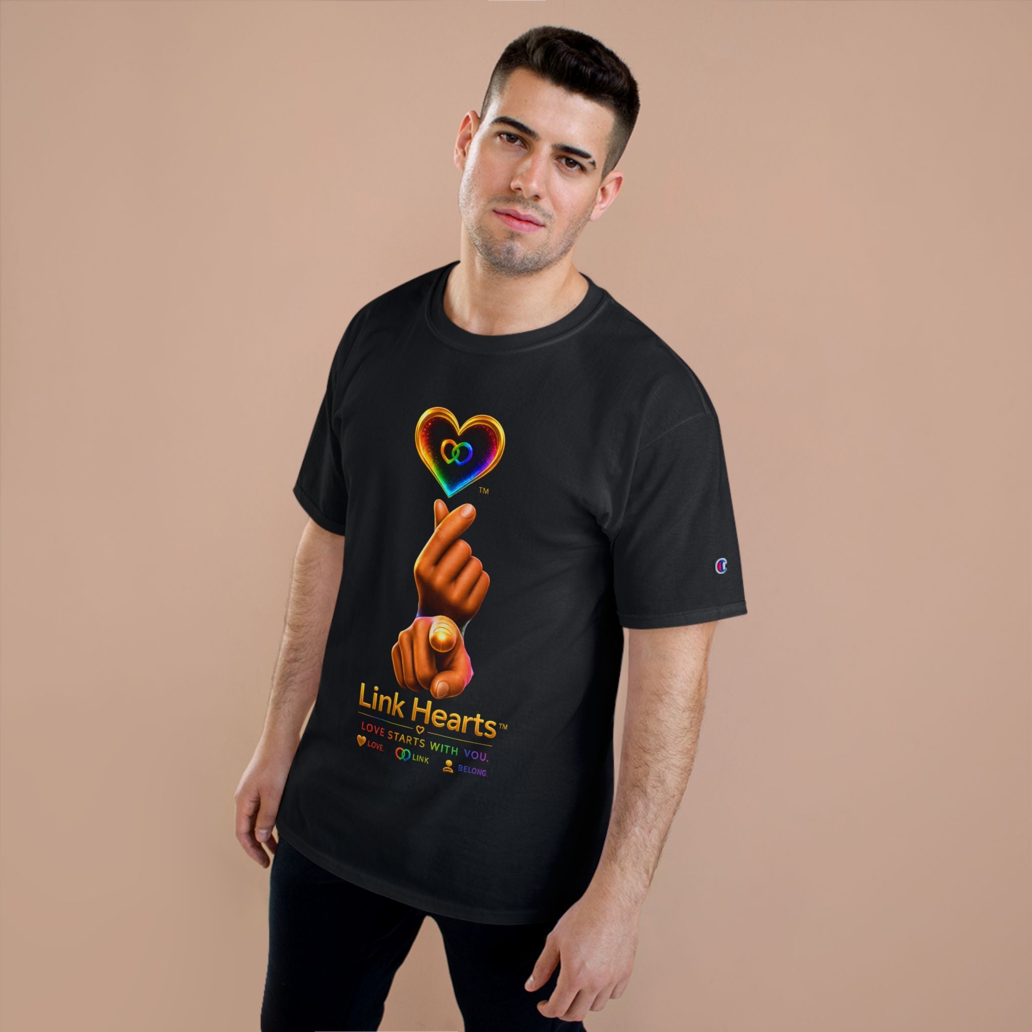 Link Hearts™ T-Shirt — Rainbow Finger Heart Love Graphic Tee